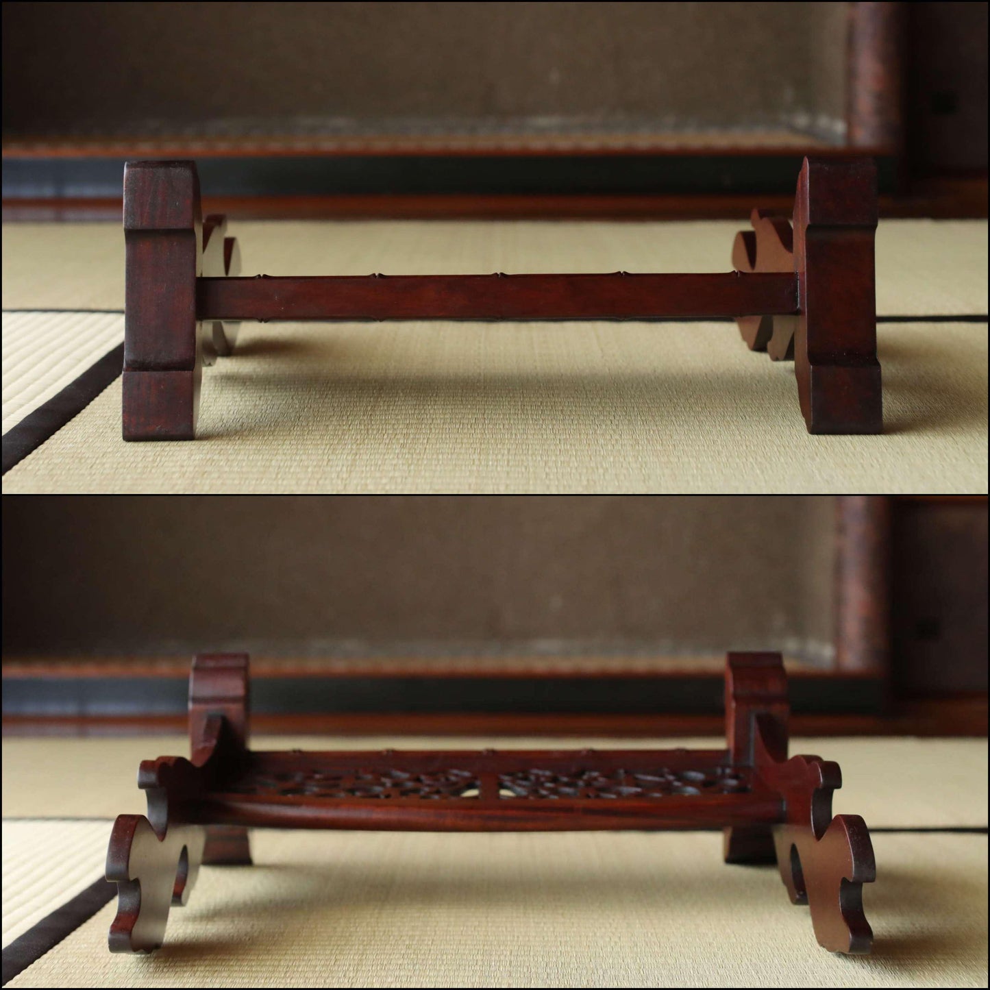 FINE! Japanese vintage furniture KARAKI rosewood wooden lacquer sword rack with openwork Shogun Sword KATANA rack H16.1×W18.4in/H41×46.7cm