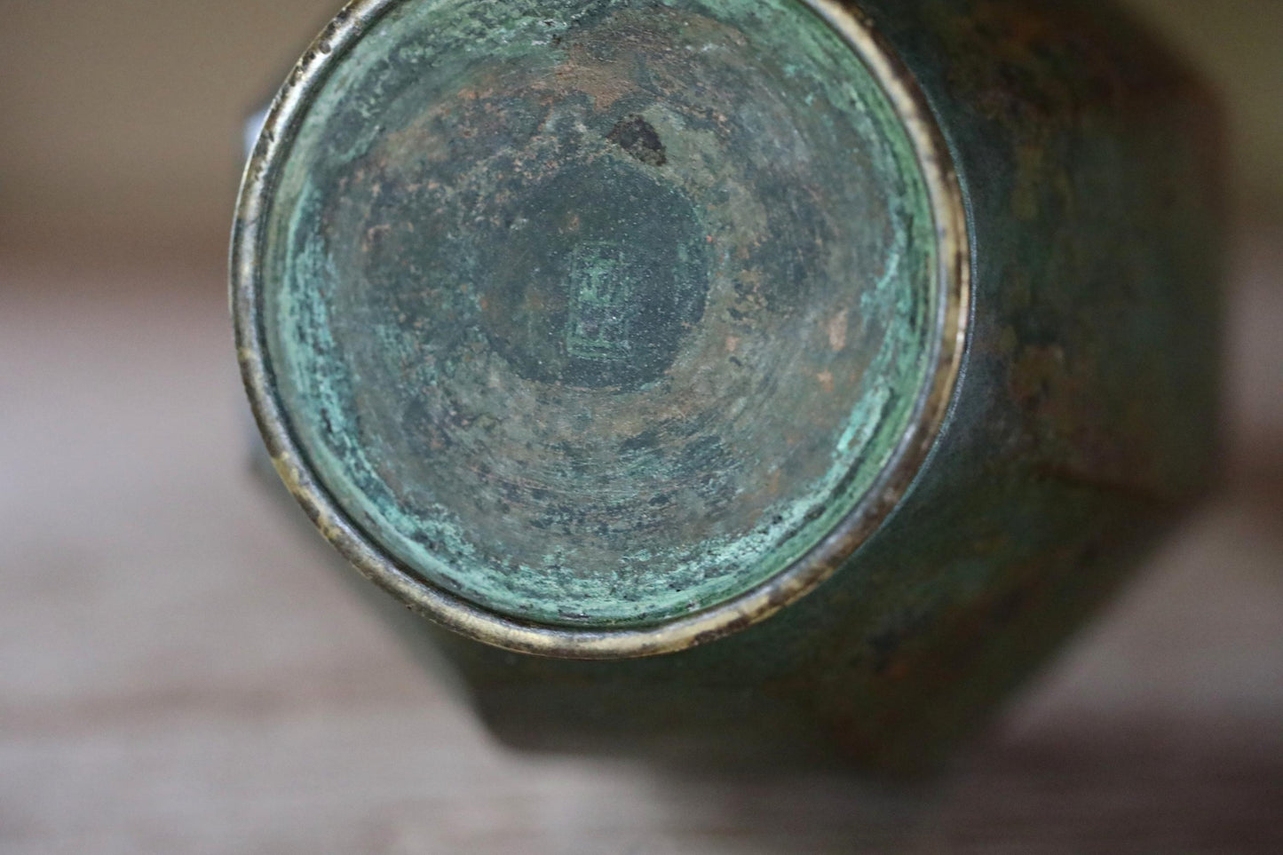 Japanese vintage bronze vase dark greenish bronze with signed for Tea ceremony, name 鶴首TSURUKUBI shape of the neck of a crane H9.6in/H24.5cm