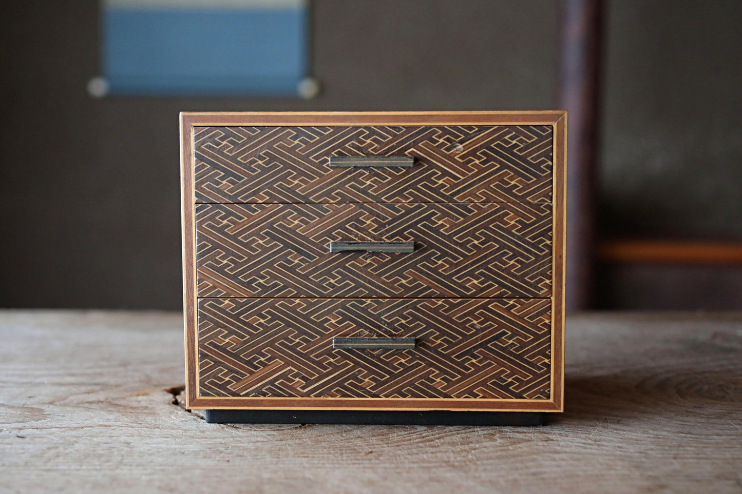 Japanese furniture Small Chest of drawers "tansu" Yosegi marquetry wood mosaic work design hand craft H7.1×W8.3×6.2in/H18×21.2×15.7cm