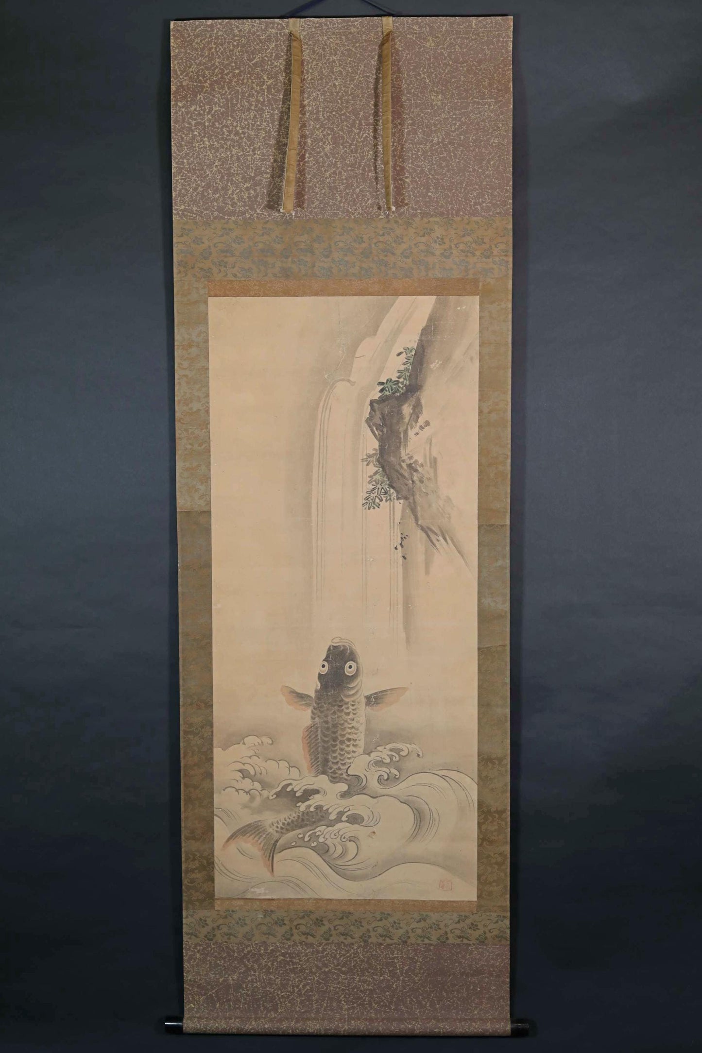 FINE! Japanese antique 1800s KANOU watercolor painting scroll fine painted carp freshwater on the river, KAKEJIKU with seal H68.5in/H174cm
