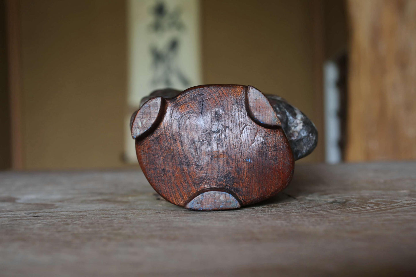 Japanese old "SUISEKI" scholars stone AMINISM, indoor viewing stone with a hand carved pedestal Power stone H7.9xW5.5xD3.5in/20x14x9cm