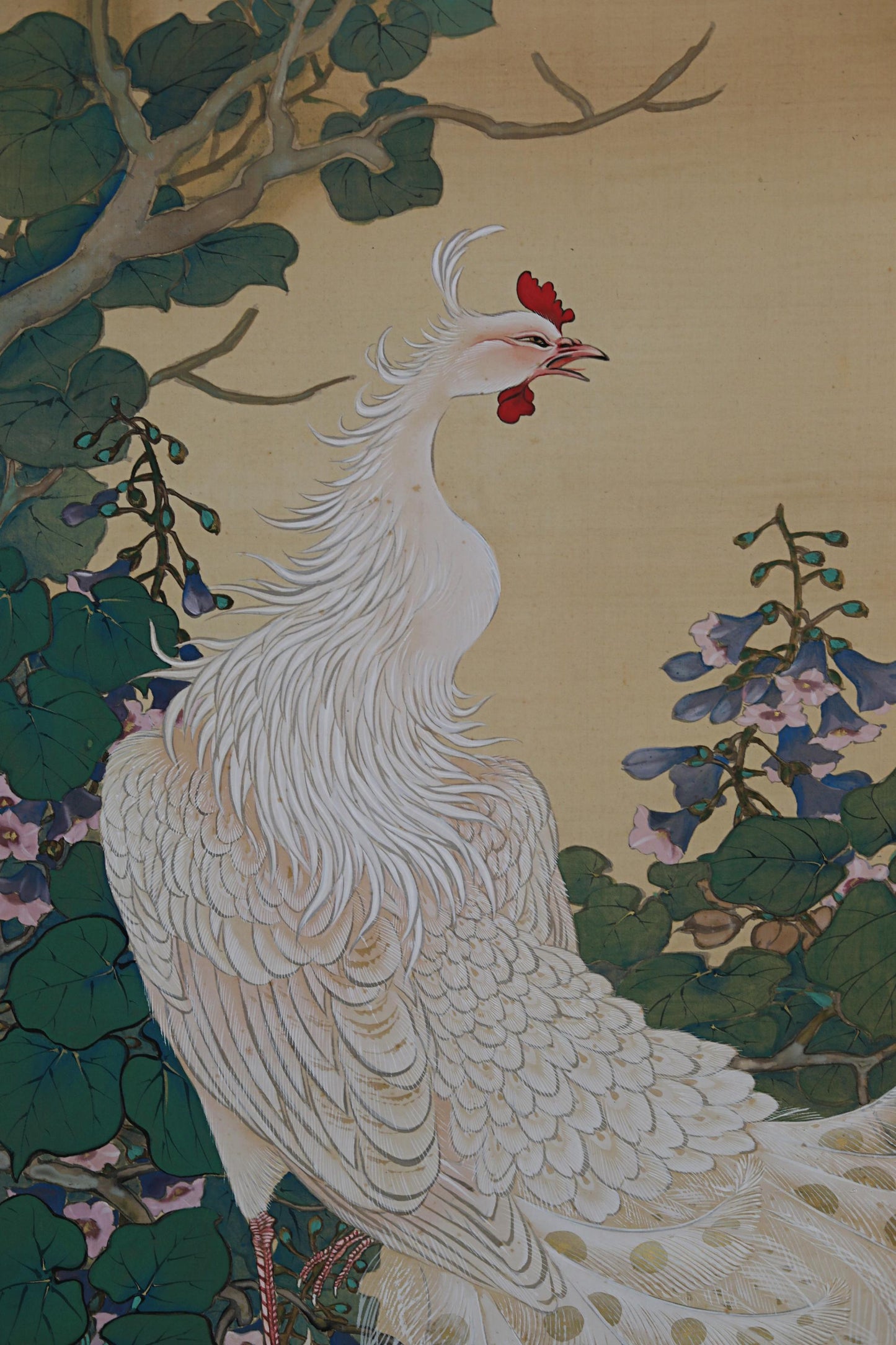 FINE! Japanese hanging scroll water color painting of beautiful phoenix on Paulownia flower with signature 池田 in 1920s Kakejiku H79in/201cm