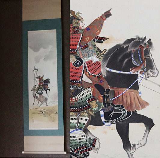 Japanese vintage watercolor painting scroll fine 侍SAMURAI on horseback, shogun horse, KAKEJIKU with BOX 1970s Kanji signature75.6×21.7i