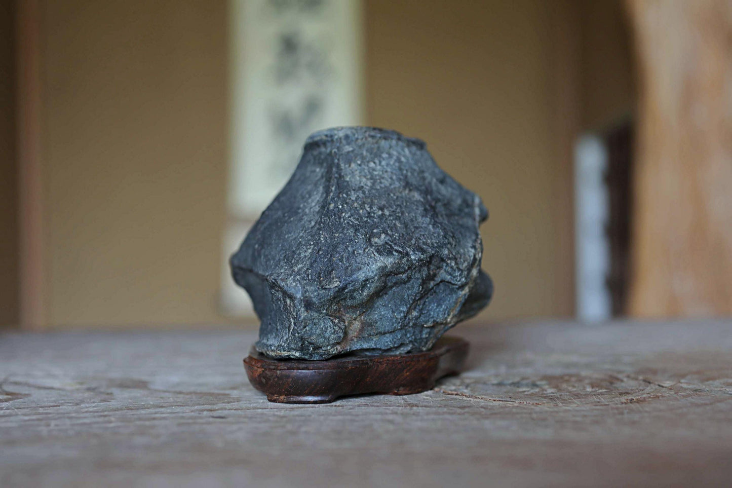 Japanese old "SUISEKI", scholars stone, indoor viewing stone, block shaped, with a hand carved pedestal Power stone H3.9xW6.3in/10x16cm