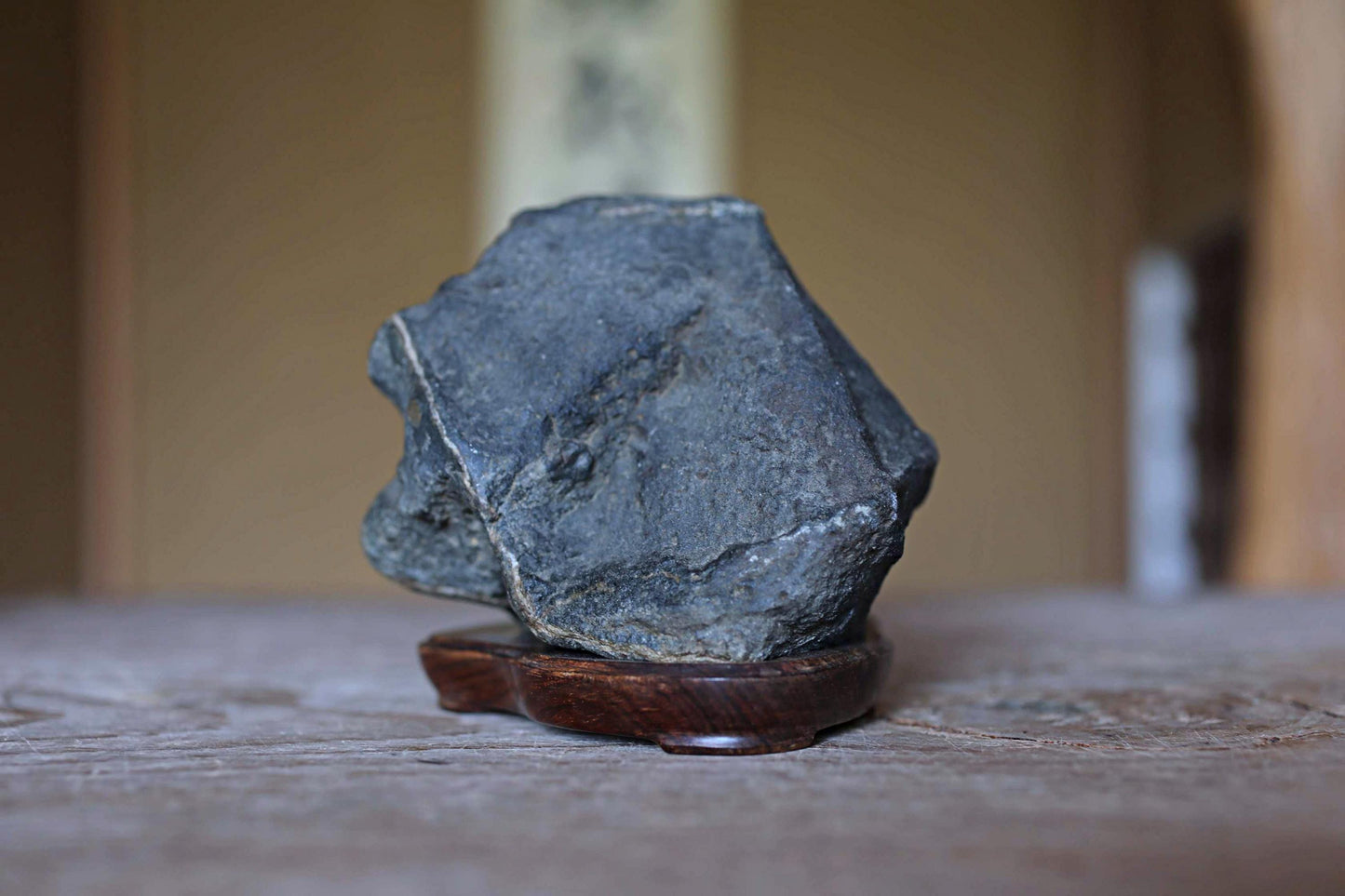 Japanese old "SUISEKI", scholars stone, indoor viewing stone, block shaped, with a hand carved pedestal Power stone H3.9xW6.3in/10x16cm