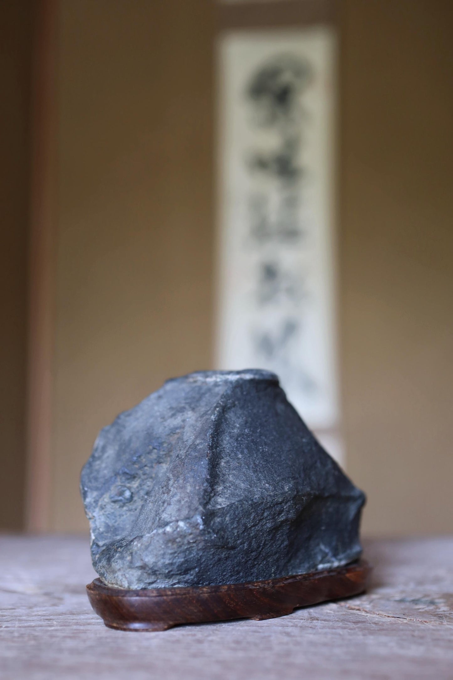 Japanese old "SUISEKI", scholars stone, indoor viewing stone, block shaped, with a hand carved pedestal Power stone H3.9xW6.3in/10x16cm