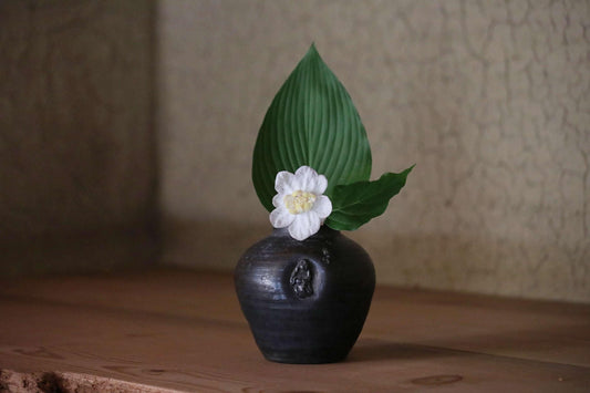 FINE! 1800s Japanese antique BIZEN vase old hand made ceramic jar flower vase with doll for tea ceremony Ikebana H5.3×5.3in/H13.5×13.5cm