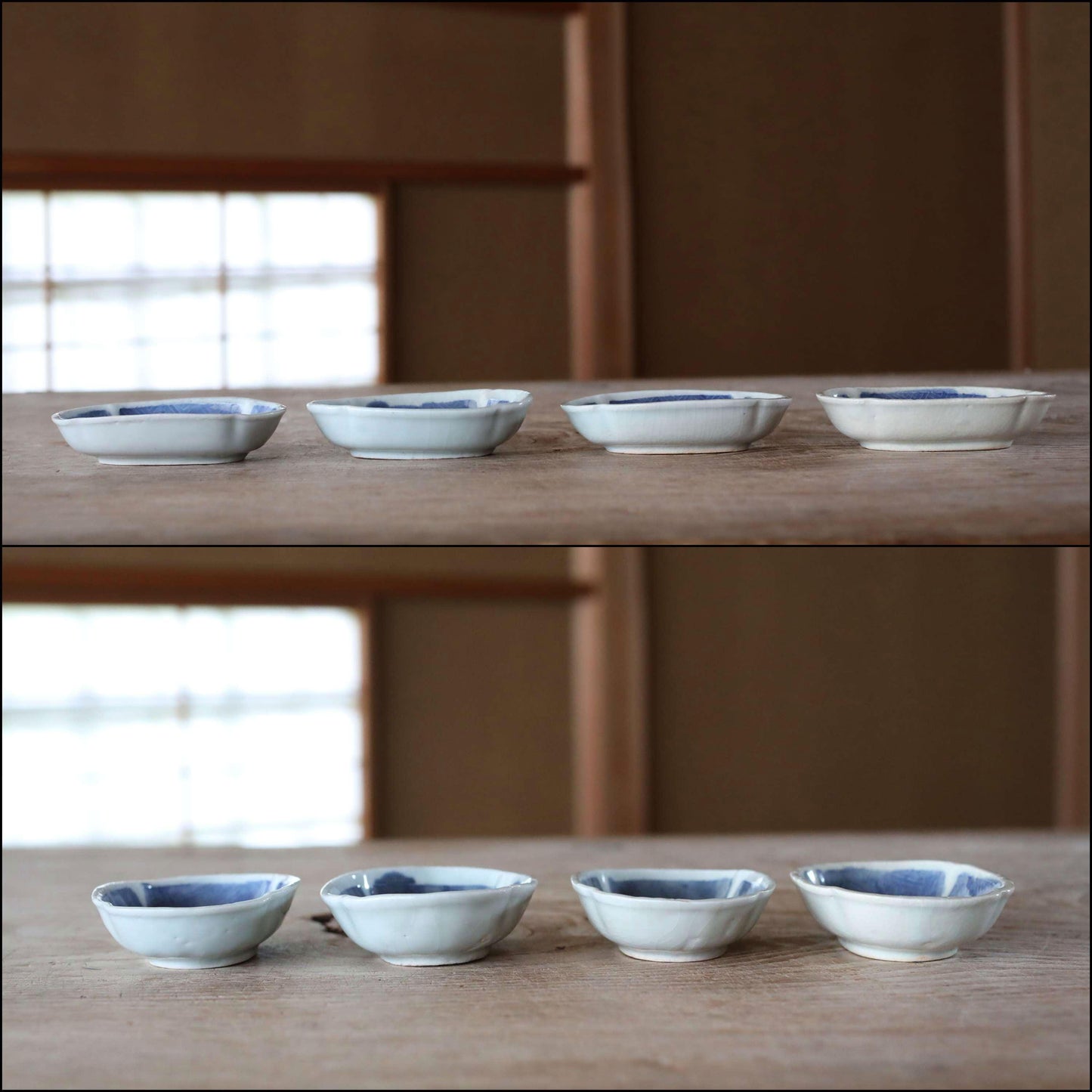 EDO 1800s craft Japanese antiques set of 4 small plates fine porcelain ceramic dish Blue White relief pattern Butterfly KOIMARI H3.9in/10cm