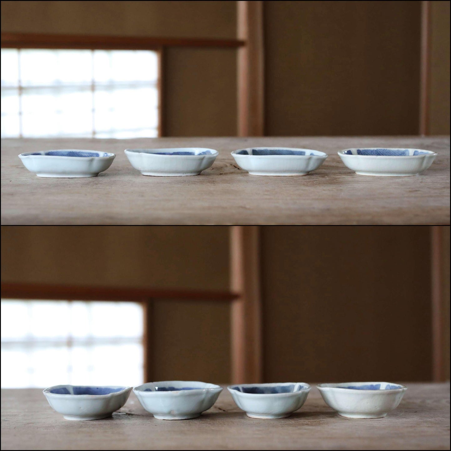 EDO 1800s craft Japanese antiques set of 4 small plates fine porcelain ceramic dish Blue White relief pattern Butterfly KOIMARI H3.9in/10cm