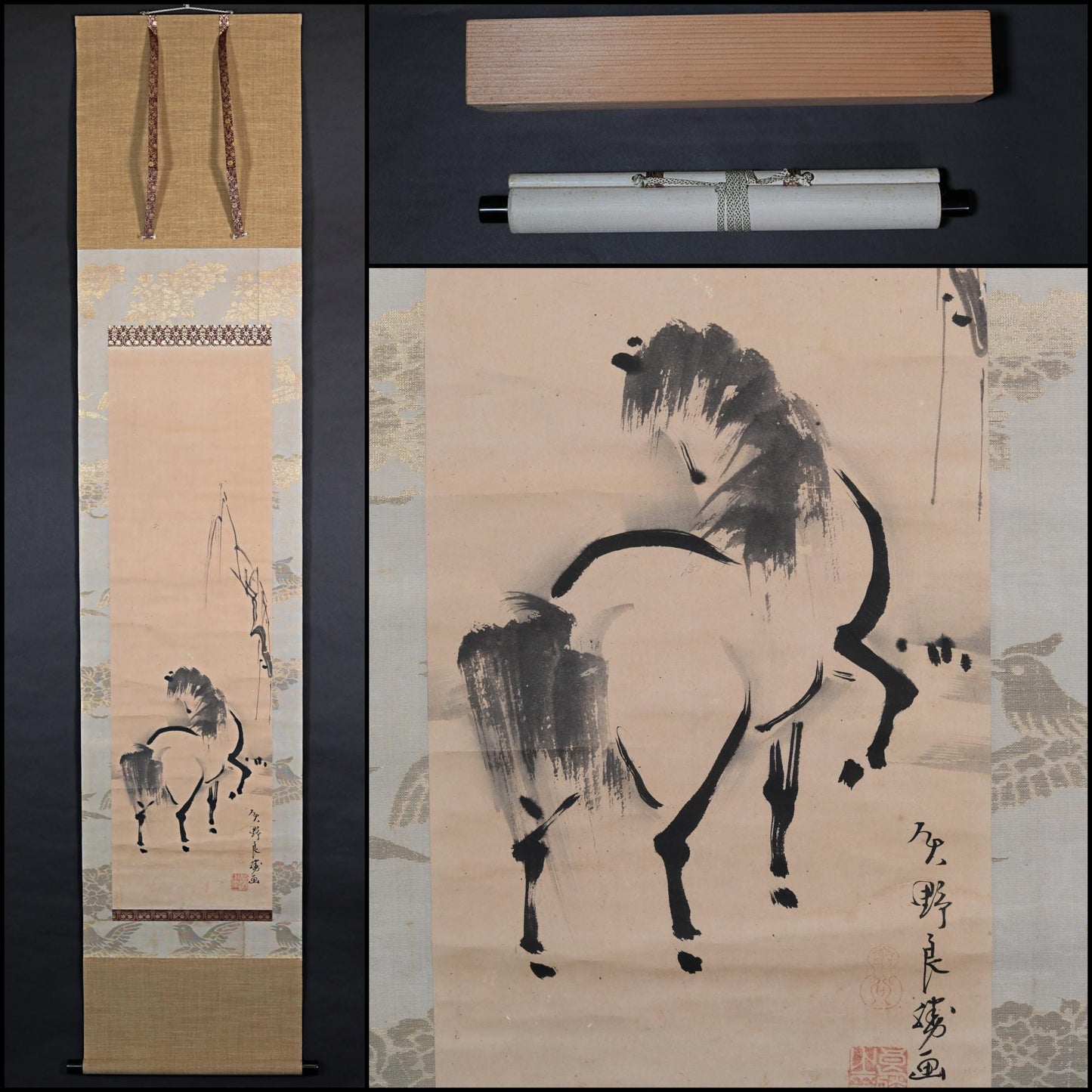 FINE! Japanese antique 1790s hanging scroll KAKEJIKU "horses, willow tree" ink painting by 矢野良勝 signed with box, EDO art H69.7in/H177cm