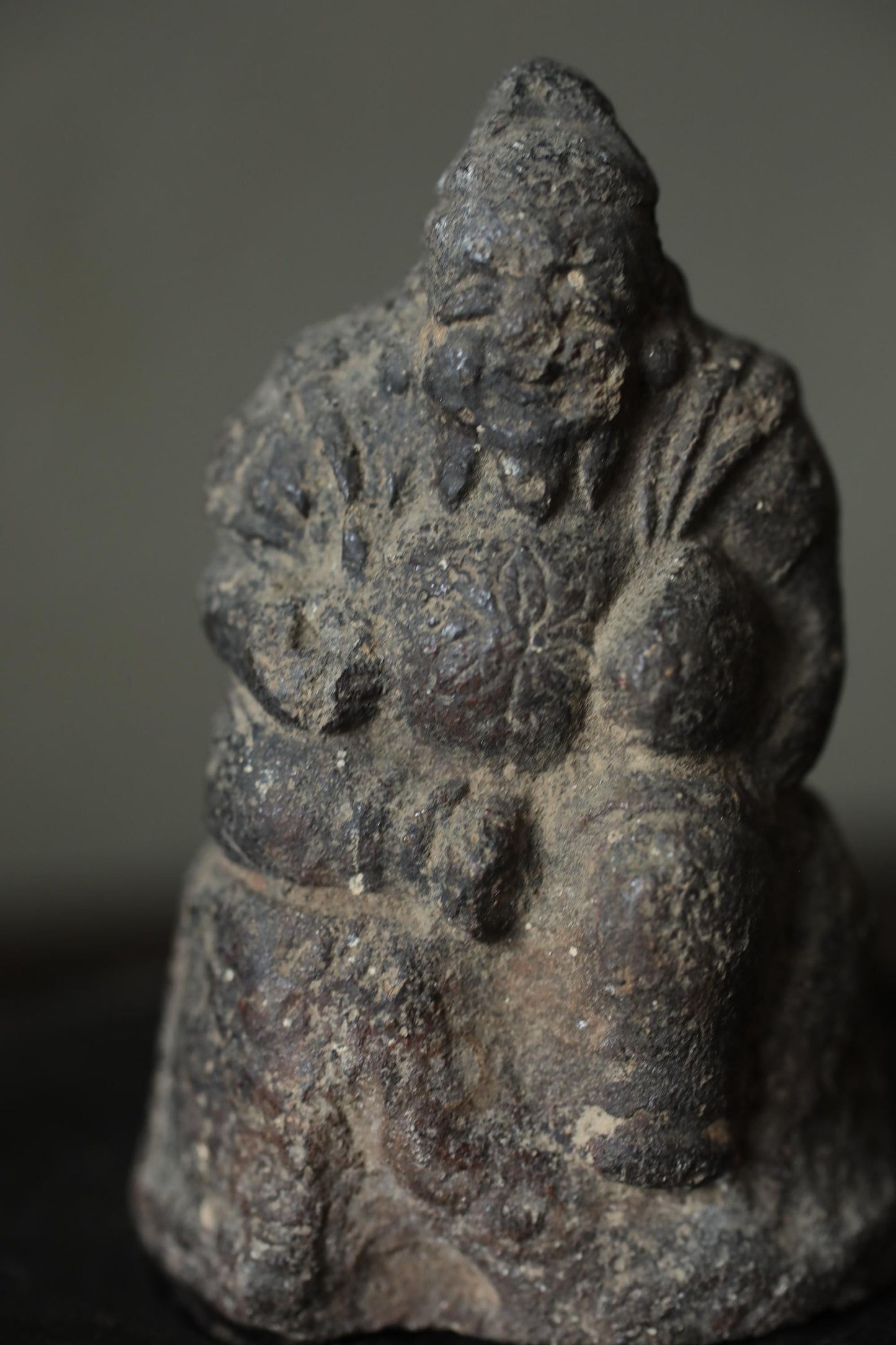 Japanese antique 1800s soot-stained pottery doll, god statue, name Ebisu, the Seven Lucky Gods,  Edo handmade craft H3in/7.5cm