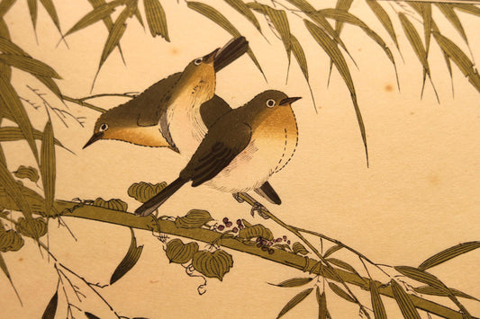 Japanese vintage art of birds white-eye, Long-tailed and Kanji calligraphy poem ,block printing with flame, wall deco picture H16.3×W21.1in