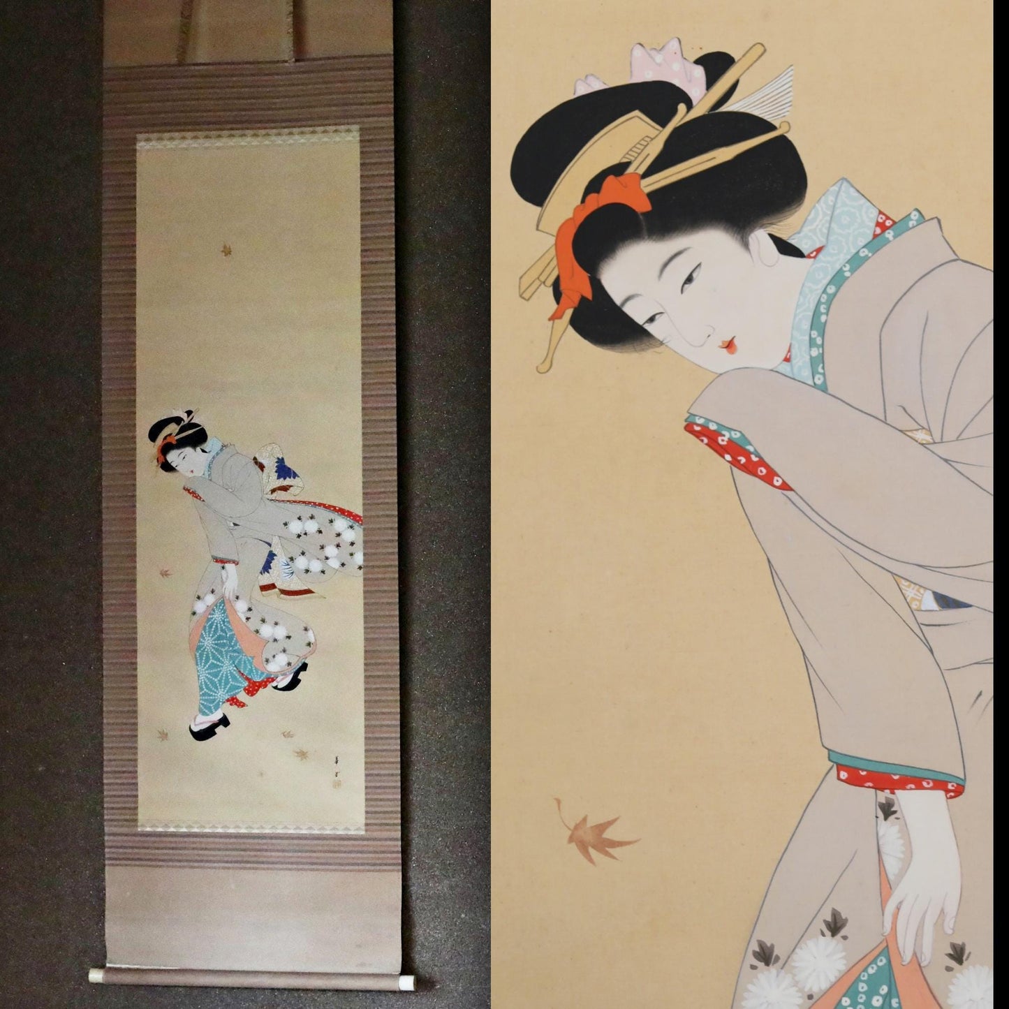Japanese antique painting hanging scroll of water color Kimono woman with old silk,  KAKEJIKU with wooden box 1800s H80.7 x W21.7in