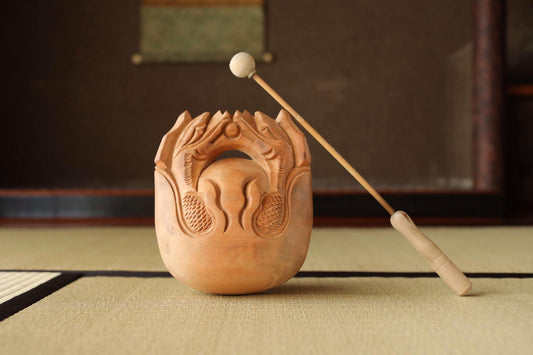 Wooden Fish drum gong"mokugyo" Buddhist instrument for sutra and meditation with stick, Japanese Antique Chanting Musical Drum H7.1in/H18cm