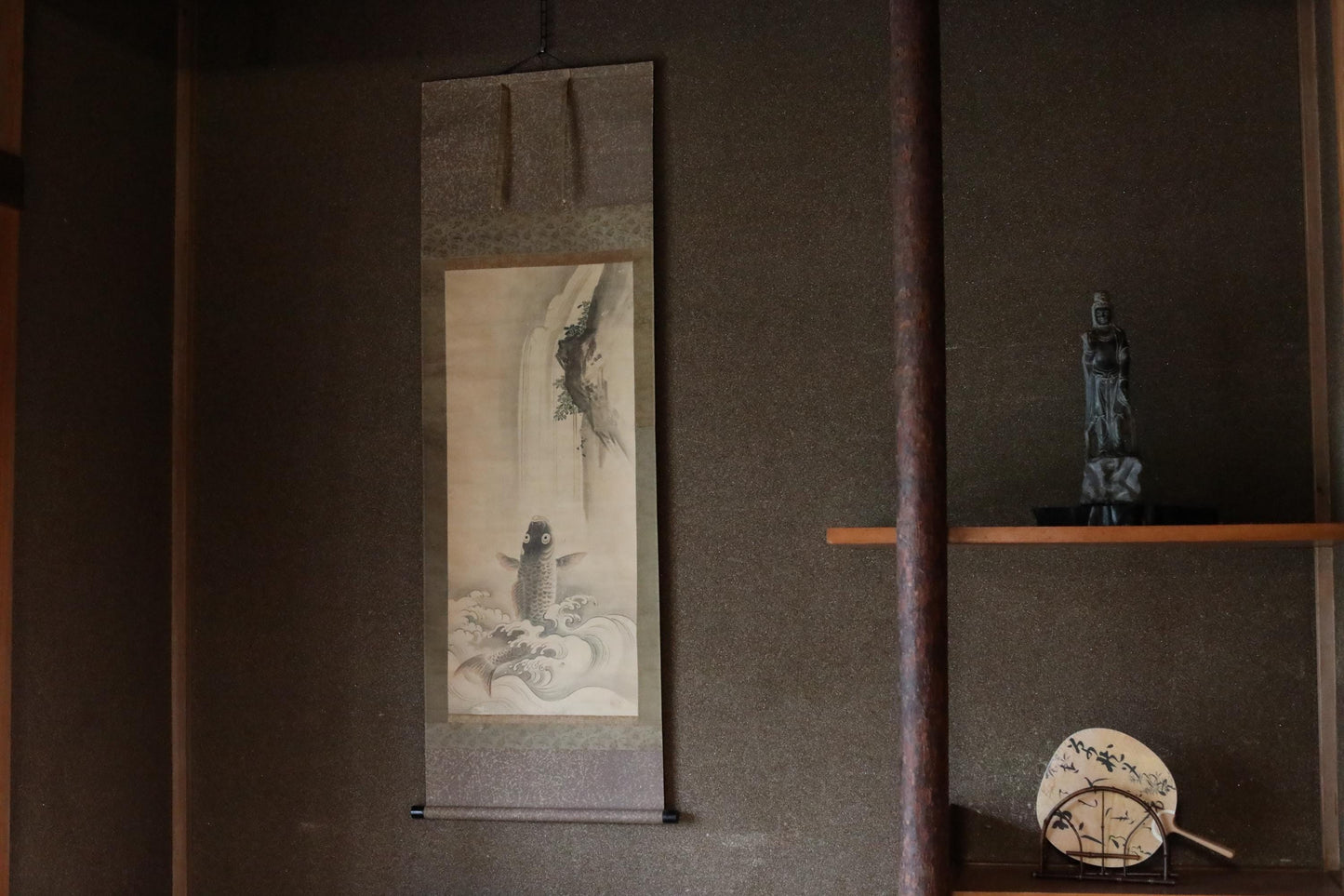FINE! Japanese antique 1800s KANOU watercolor painting scroll fine painted carp freshwater on the river, KAKEJIKU with seal H68.5in/H174cm