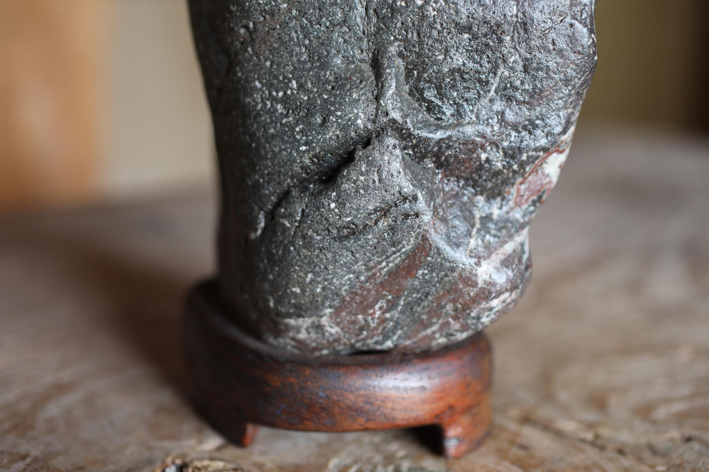 Japanese old "SUISEKI" scholars stone AMINISM, indoor viewing stone with a hand carved pedestal Power stone H7.9xW5.5xD3.5in/20x14x9cm