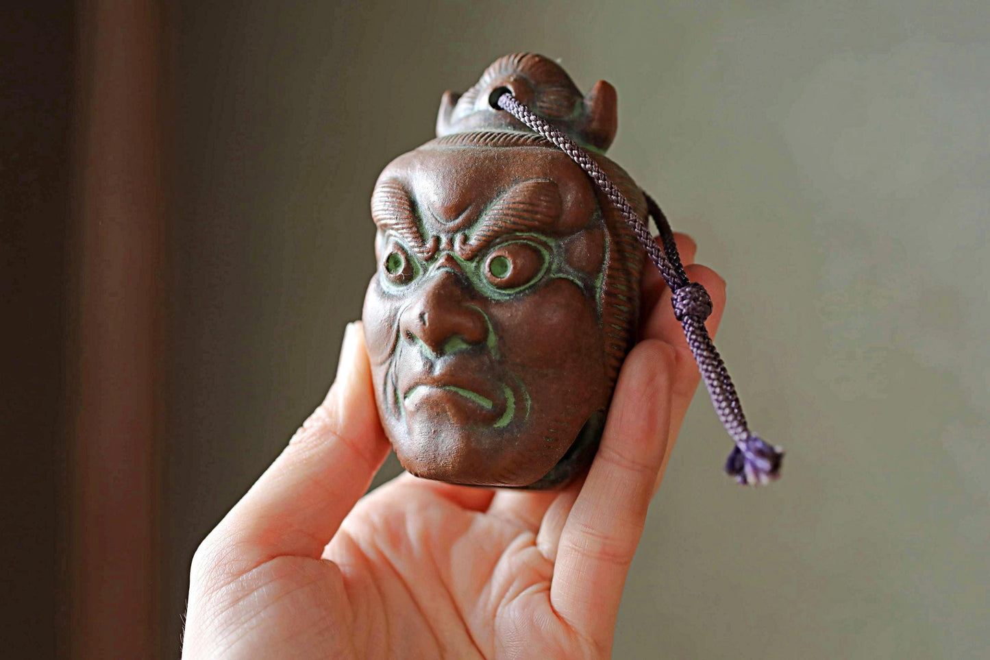 Japanese small pottery bell ONI demon doll talisman ornament Paper weight, Christmas Ornaments Japanese vintage small bell H3.5in/H9cm