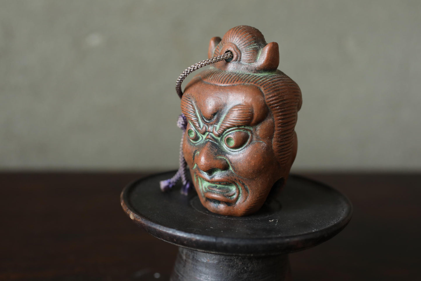Japanese small pottery bell ONI demon doll talisman ornament Paper weight, Christmas Ornaments Japanese vintage small bell H3.5in/H9cm