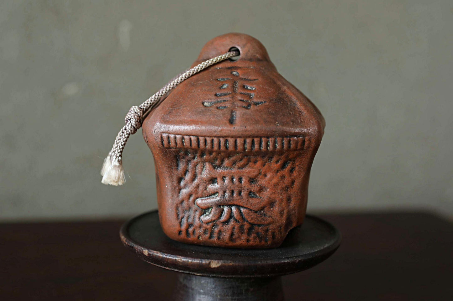 Japanese small pottery bell old house shaped amulet with Kanji Buddhist fortunate words Ornaments vintage small bell H3.9in/10cm