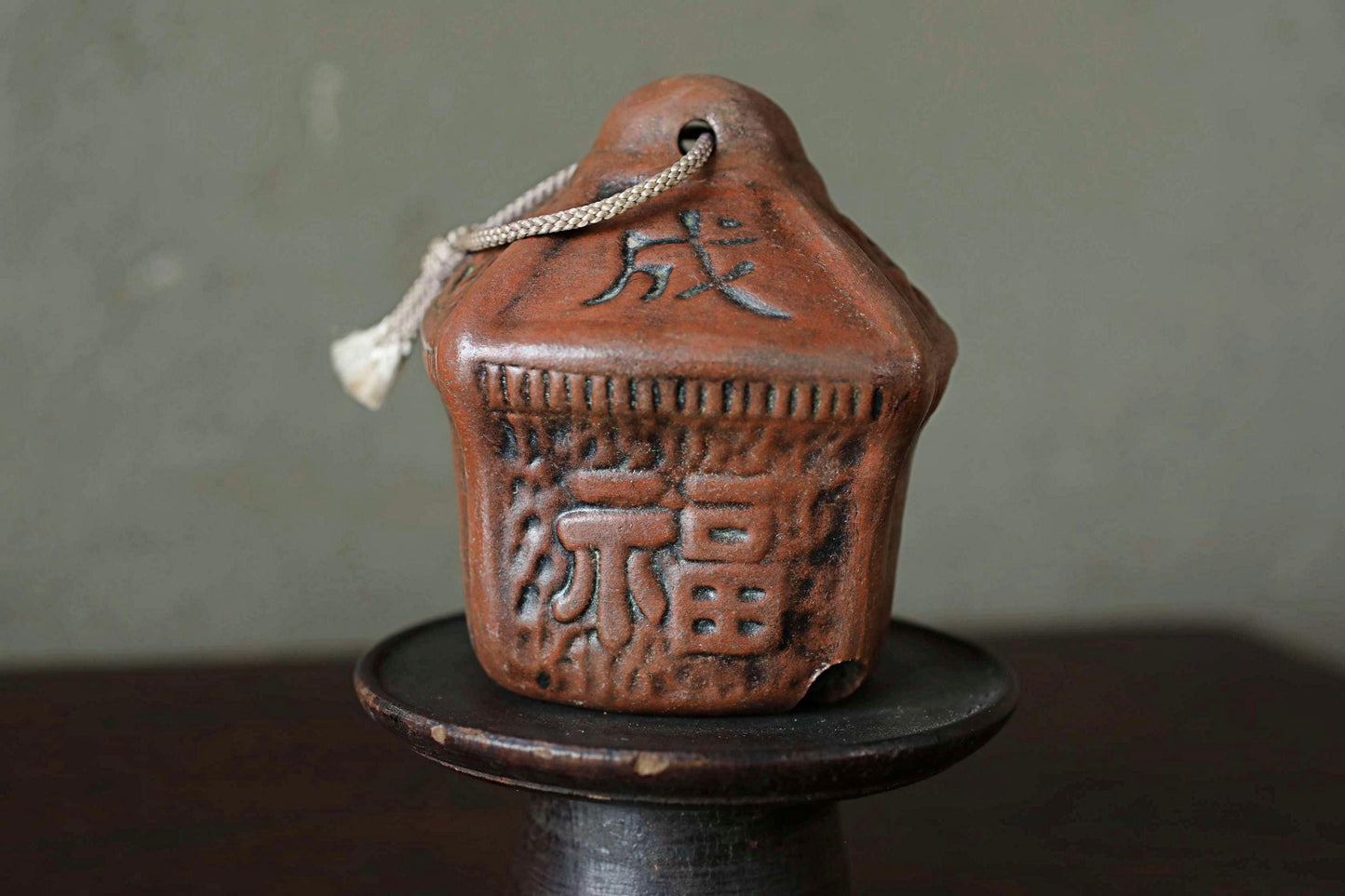 Japanese small pottery bell old house shaped amulet with Kanji Buddhist fortunate words Ornaments vintage small bell H3.9in/10cm
