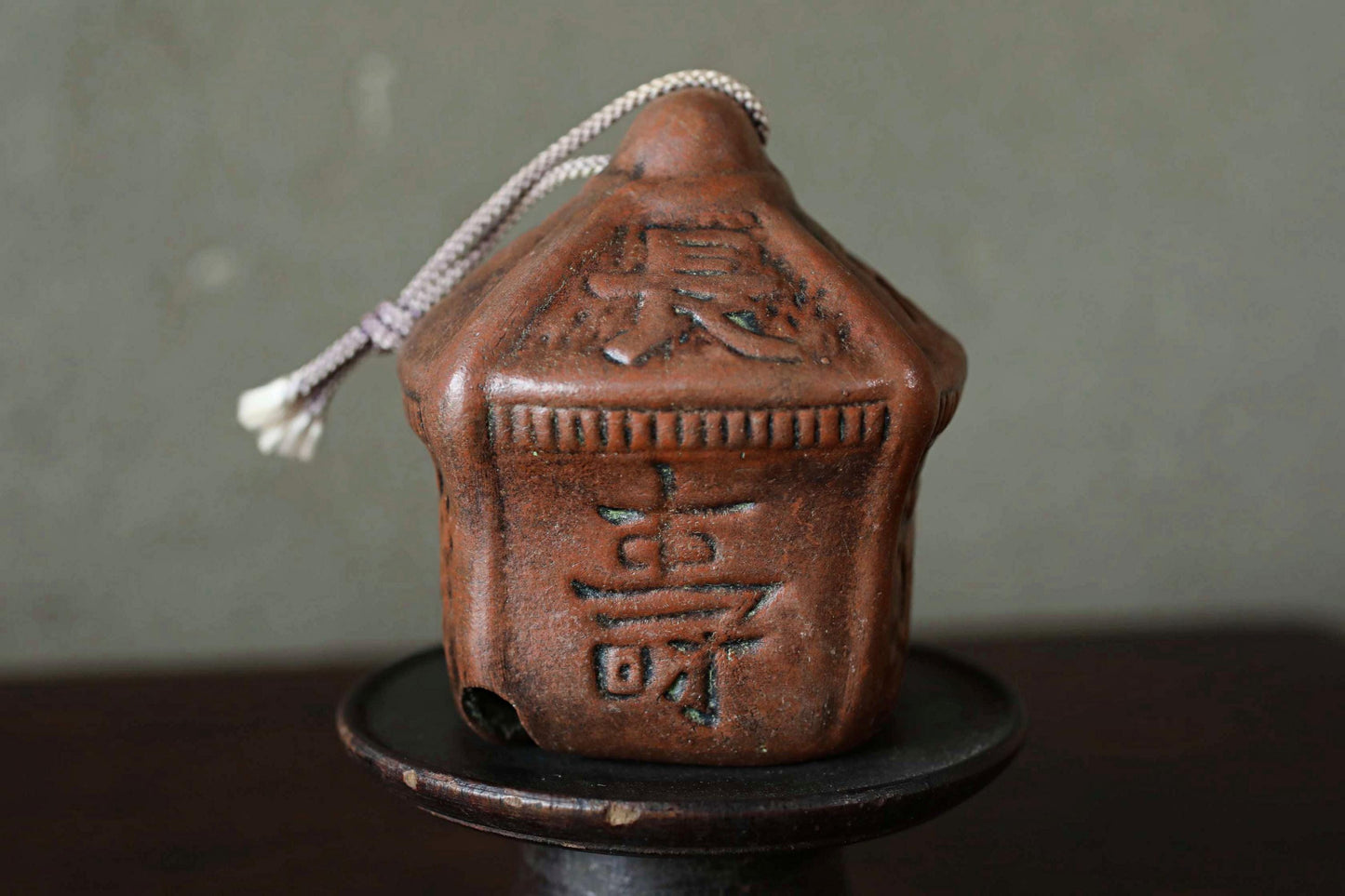 Japanese small pottery bell old house shaped amulet with Kanji Buddhist fortunate words Ornaments vintage small bell H3.9in/10cm