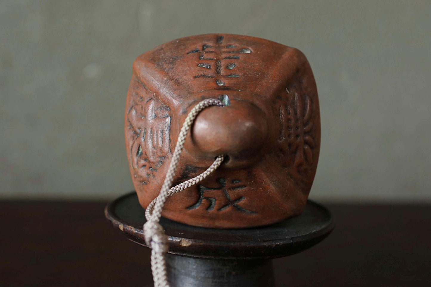 Japanese small pottery bell old house shaped amulet with Kanji Buddhist fortunate words Ornaments vintage small bell H3.9in/10cm