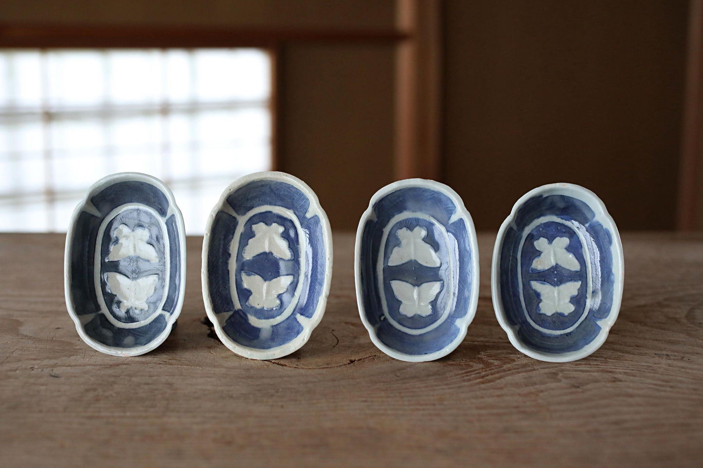 EDO 1800s craft Japanese antiques set of 4 small plates fine porcelain ceramic dish Blue White relief pattern Butterfly KOIMARI H3.9in/10cm