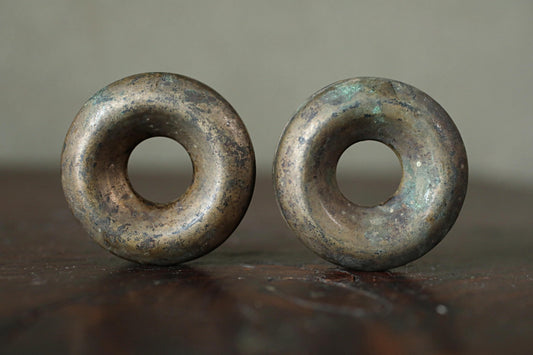 Pair of Japanese antique bronze Old small bells for horses ornament Suzu 1800s Metal craft Paper weight 2×0.7in/5×1.8cm