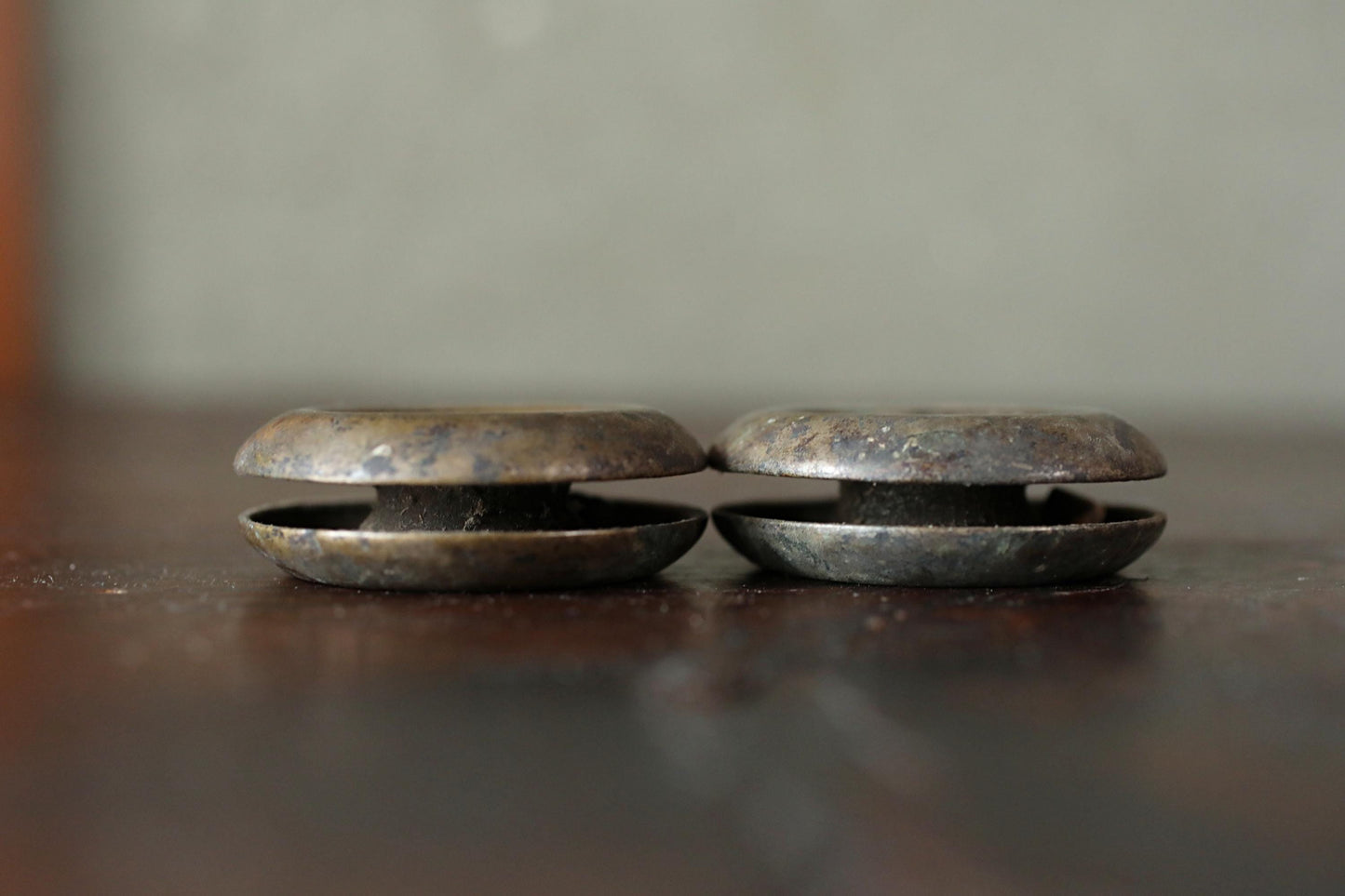 Pair of Japanese antique bronze Old small bells for horses ornament Suzu 1800s Metal craft Paper weight 2×0.7in/5×1.8cm