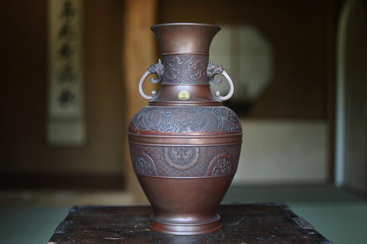 Japanese vintage 1950s bronze vase with relieves of dragons and phoenix, lions handle, Takaoka bronze,Kanji signature H15.4xW7.9in/H39×20cm
