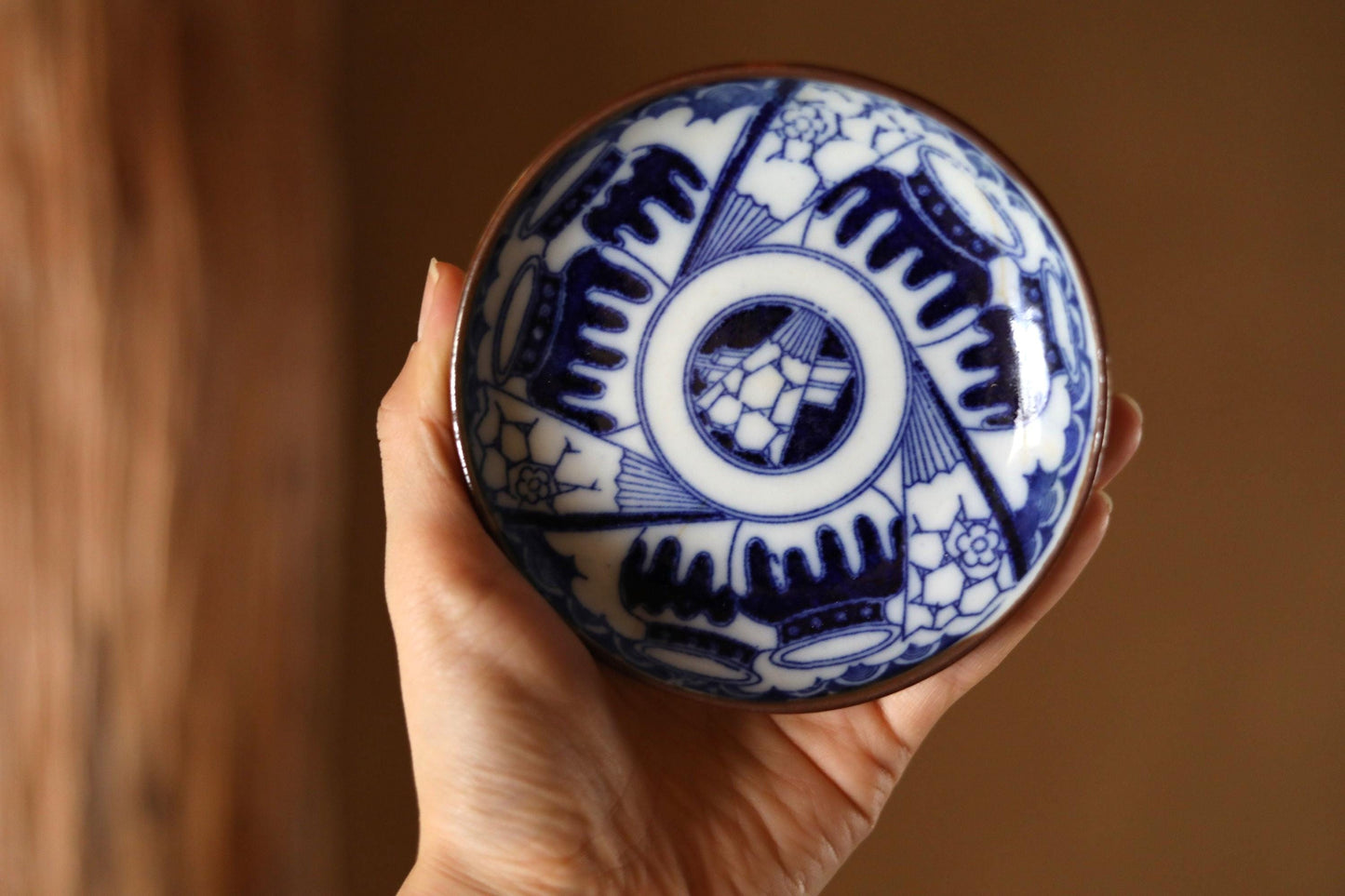 Set of 7 plates Japanese vintage 1920s fine porcelain ceramic small dish Blue White pattern printing INBAN with Jar design 4.4in/11.3cm
