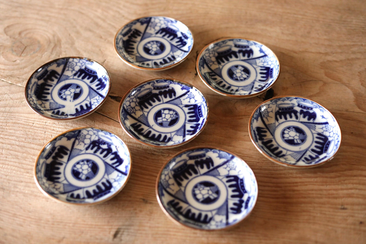Set of 7 plates Japanese vintage 1920s fine porcelain ceramic small dish Blue White pattern printing INBAN with Jar design 4.4in/11.3cm