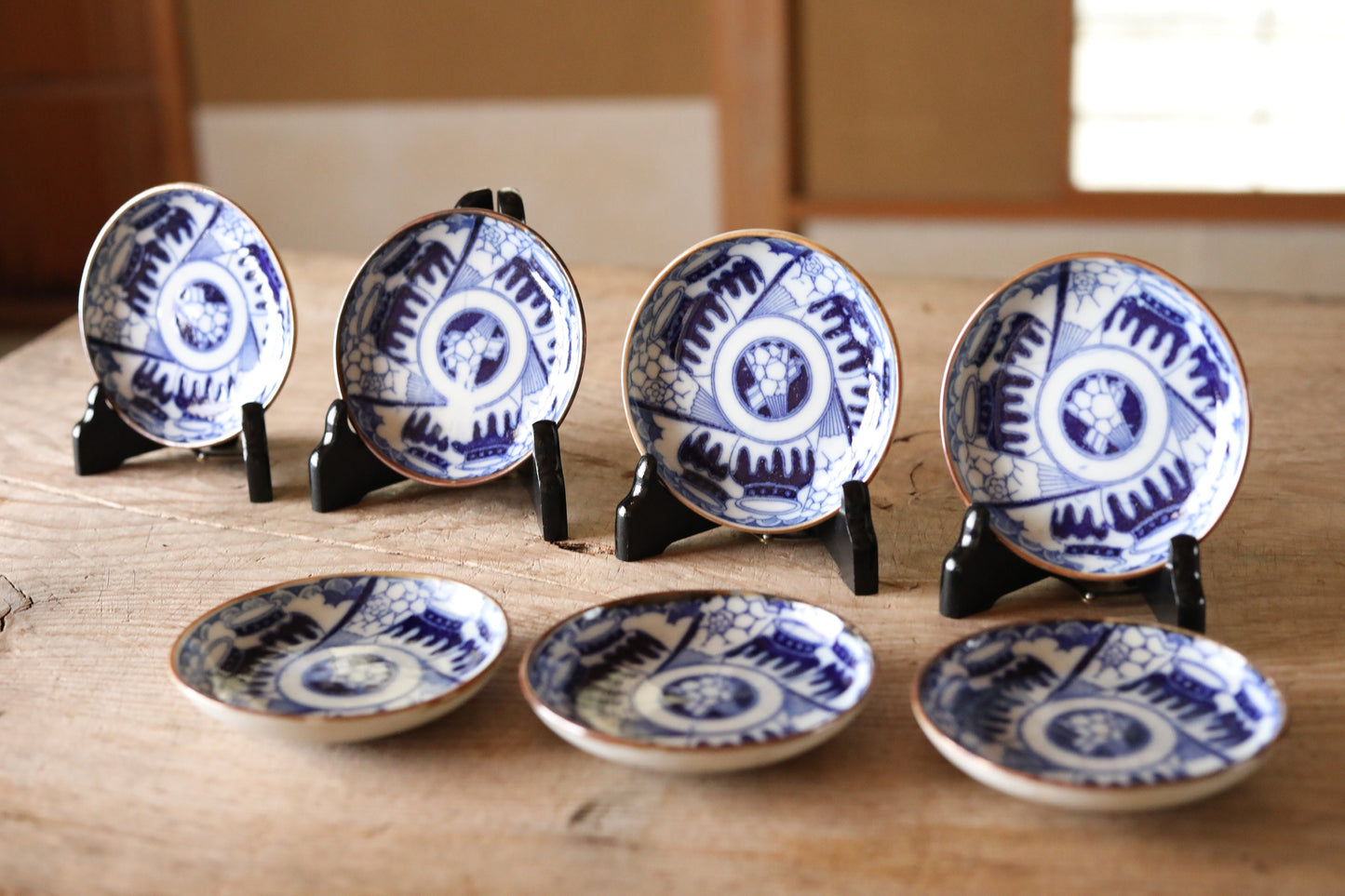 Set of 7 plates Japanese vintage 1920s fine porcelain ceramic small dish Blue White pattern printing INBAN with Jar design 4.4in/11.3cm