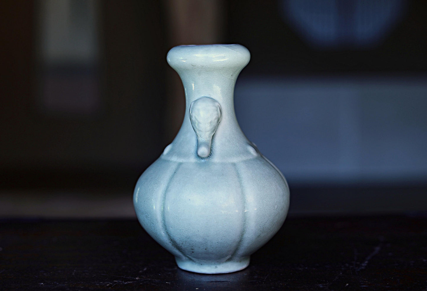 Japanese vintage Asia celadon porcelain ceramic flower vase with elephant's ears, hand made of pottery H6.5×3.9in/H16.5×10cm