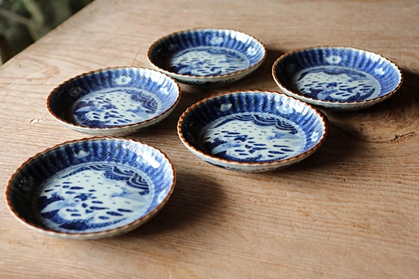 FINE! Set of 5 Japanese antique small Plates Dragons, Clouds, waves, porcelain 1890s Indigo Blue White hand painting IMARI 4.5in/11.5cm
