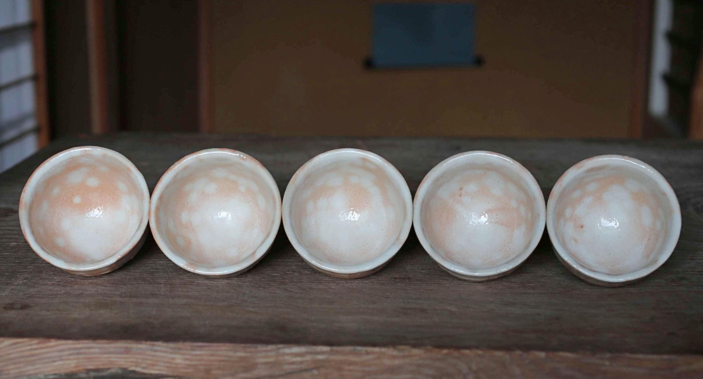 Japanese vintage Set of 5 tea cups HAGI ware ceramic kiln Perfect tea cup for SENCHA with signed wooden box For GIFT "Yunomi" dot pattern