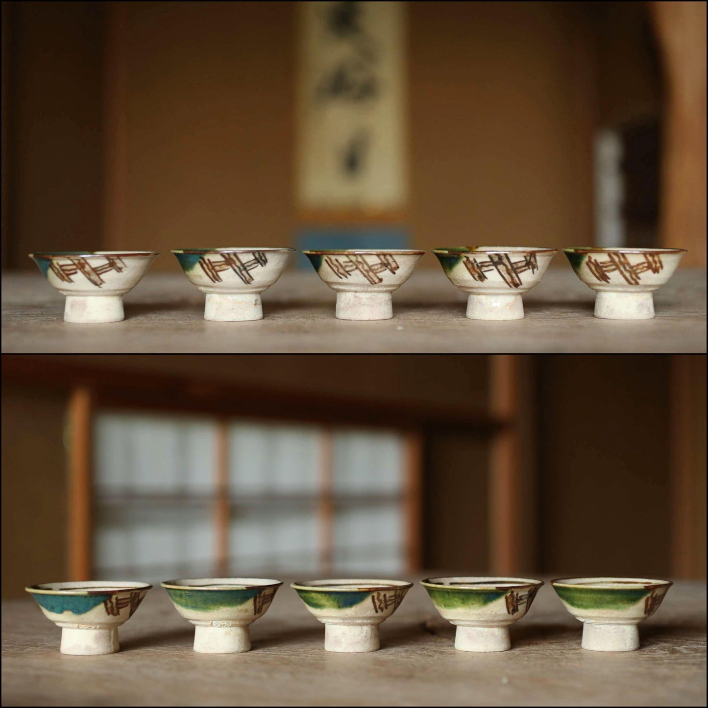 Japanese vintage Oribe ware ceramic sake set with signed, 2 bottle, 5cups Tokkuri Oribe green tableware small sake cup H4.3in/H10.9cm
