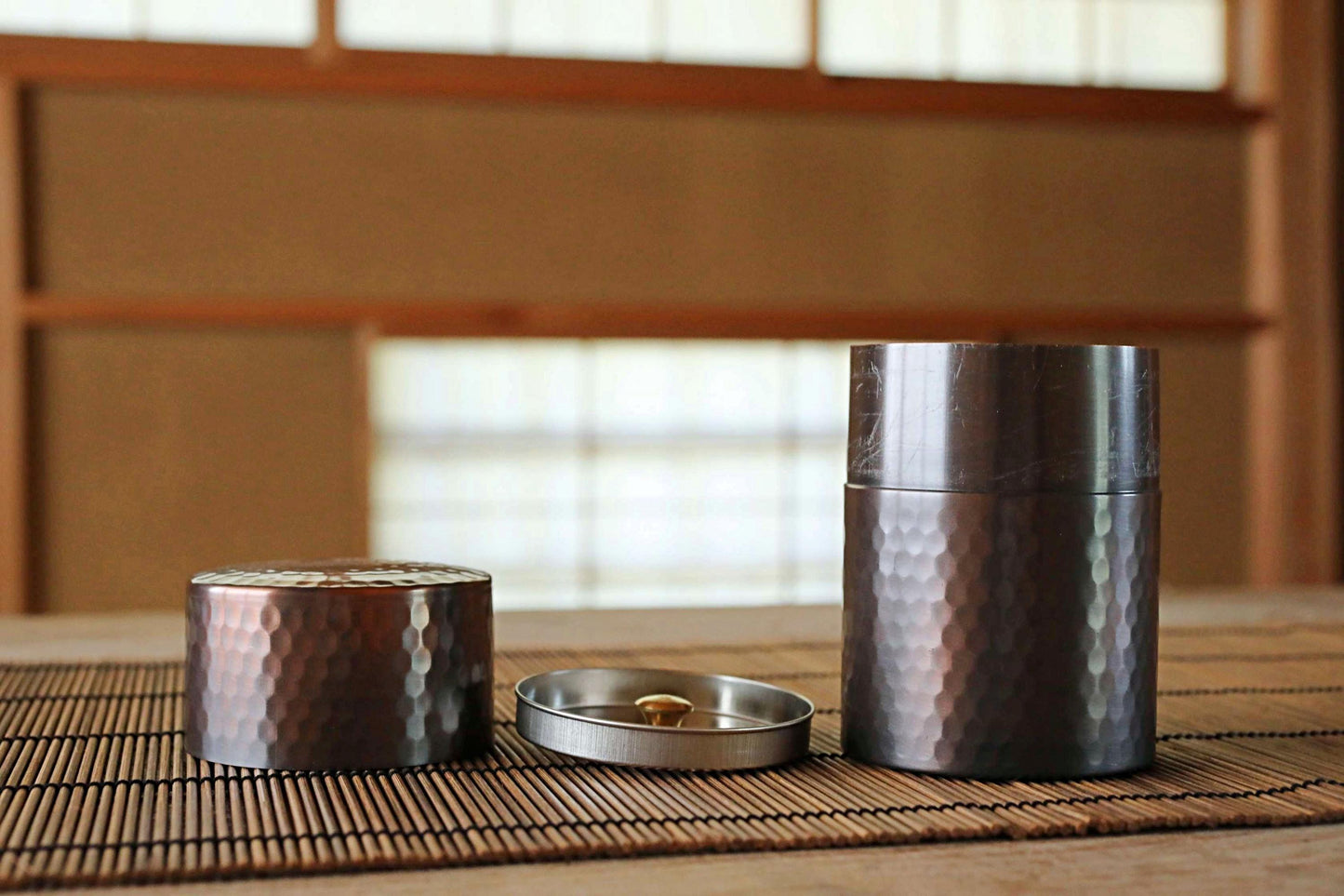 Japanese copperr tea caddy, leaf canister with double lids, hand hammered , metal handcraft H4.1×2.8in/H10.4×7.1cm