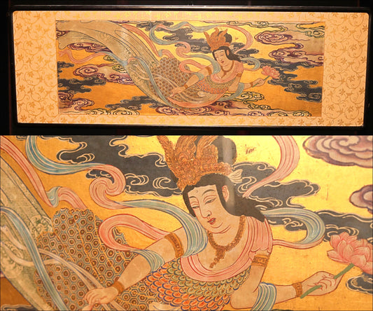 FINE! Japanese painting of heavenly maiden large wall deco hand painting buddhist temple gold colorful with wooden frame 53.5×18.5in