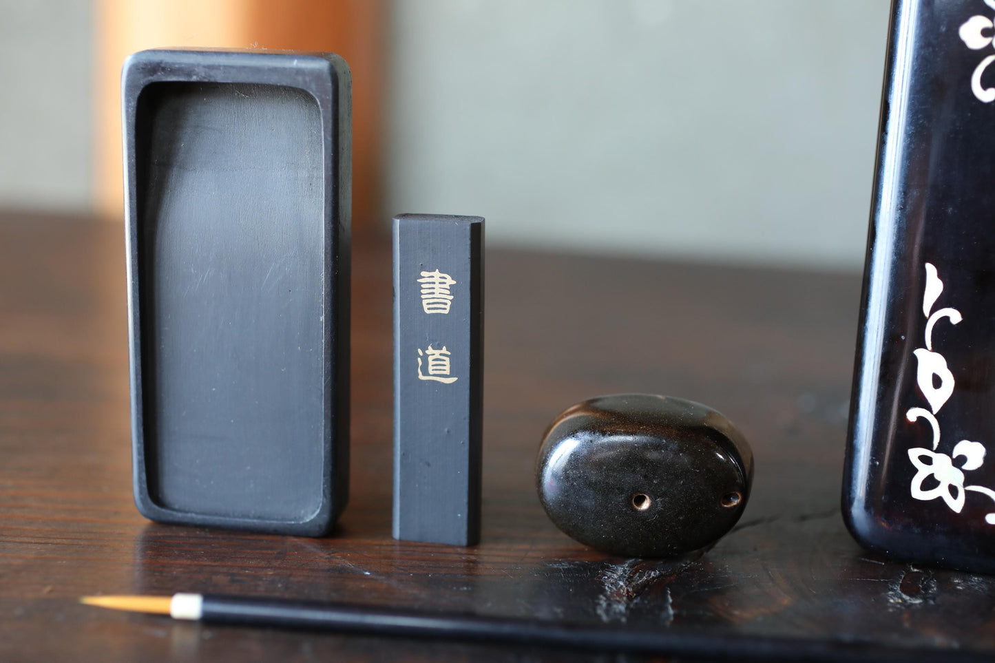Japanese vintage portable Suzuri-bako Zen writing set Ink calligraphy with lacquer box bird flower design Brush ink etc 9.3×4.6in/23.5×12cm