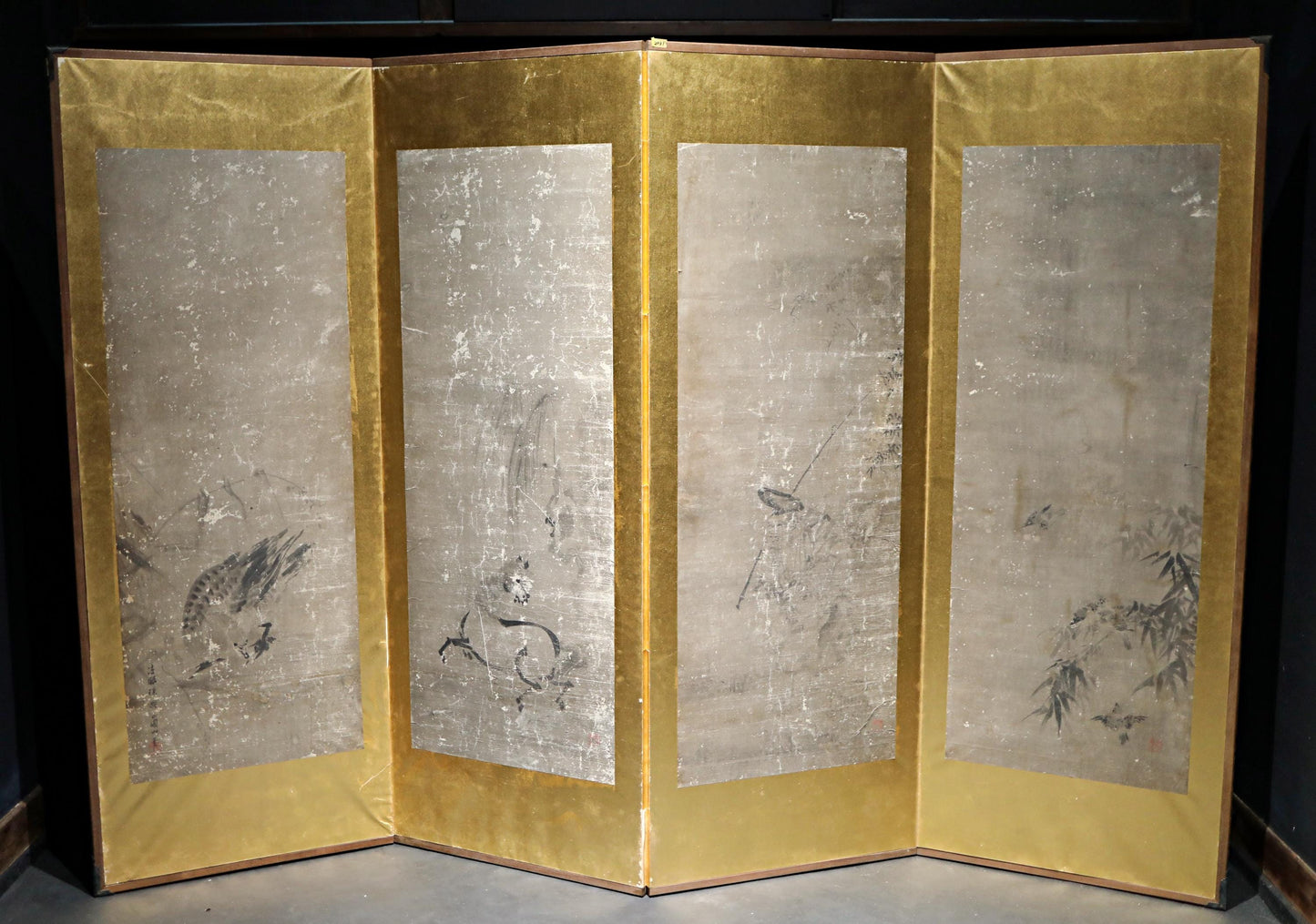 Large! Japanese antique furniture Byobu wind screen of gold water ink painting of Horses, people, birds 1800s Edo H67.9×99.8in/H172.5x253cm