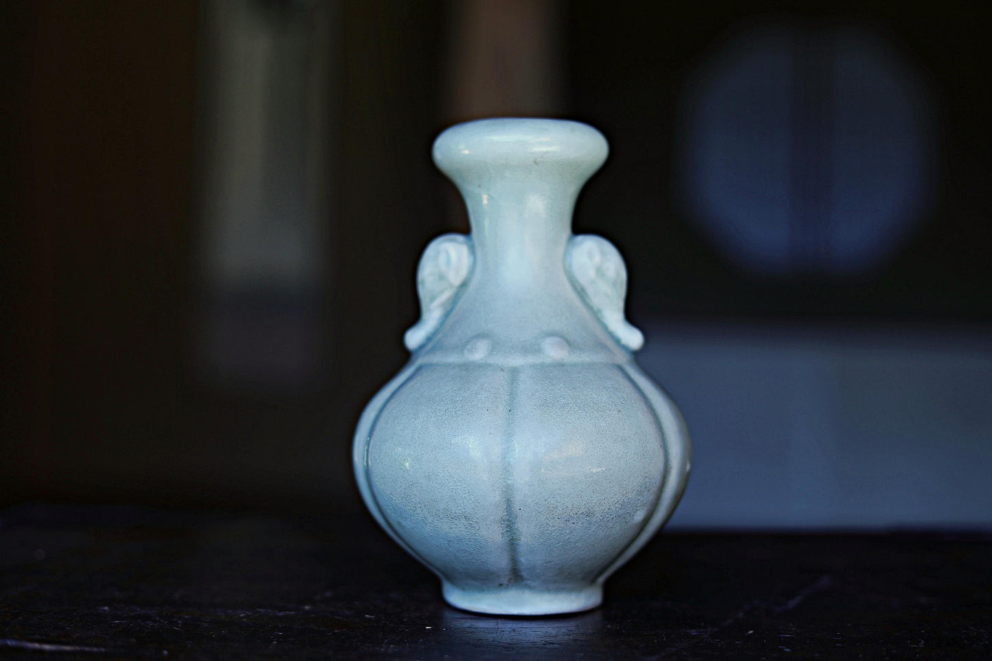 Japanese vintage Asia celadon porcelain ceramic flower vase with elephant's ears, hand made of pottery H6.5×3.9in/H16.5×10cm