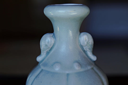 Japanese vintage Asia celadon porcelain ceramic flower vase with elephant's ears, hand made of pottery H6.5×3.9in/H16.5×10cm