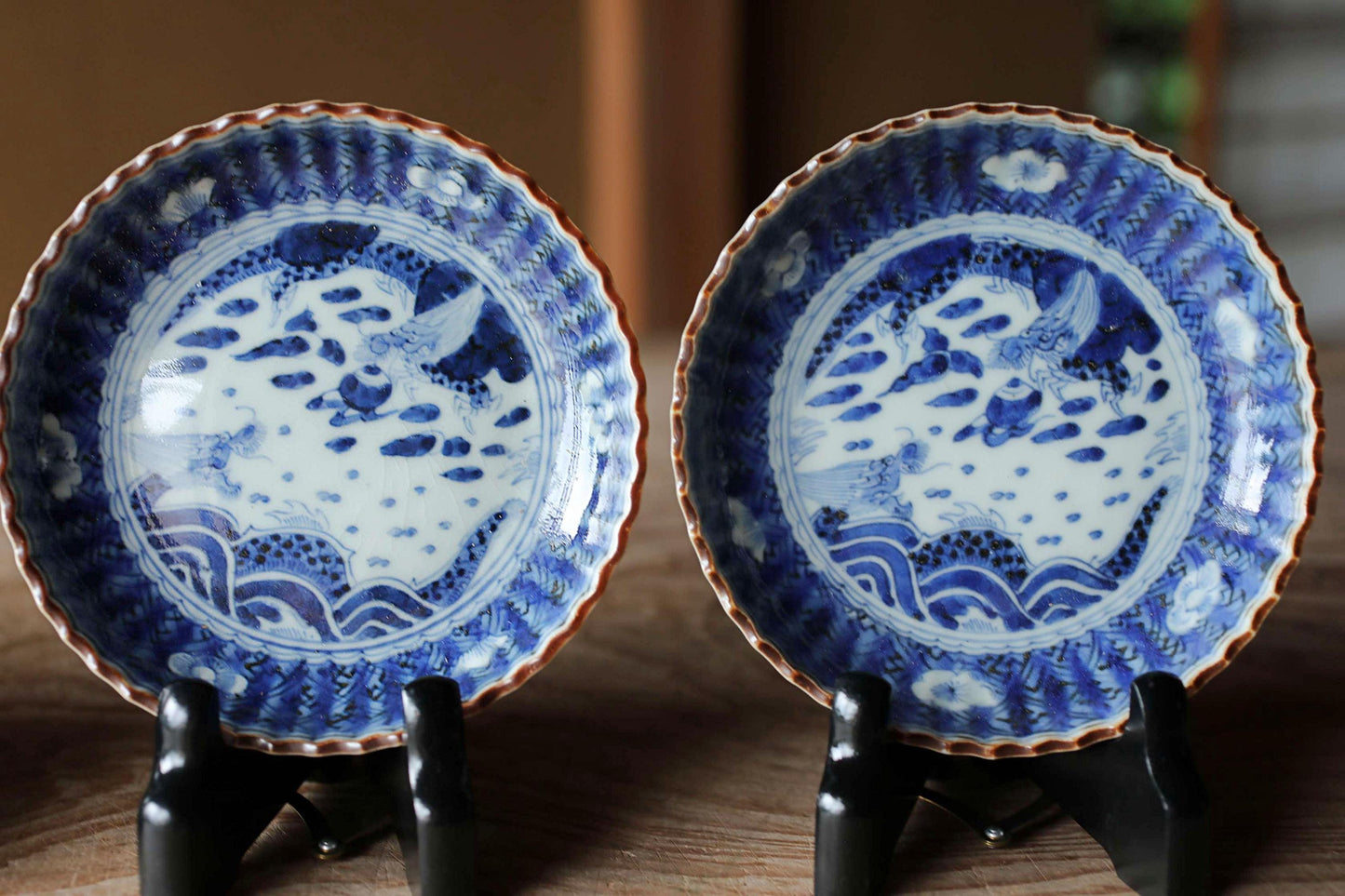 FINE! Set of 5 Japanese antique small Plates Dragons, Clouds, waves, porcelain 1890s Indigo Blue White hand painting IMARI 4.5in/11.5cm