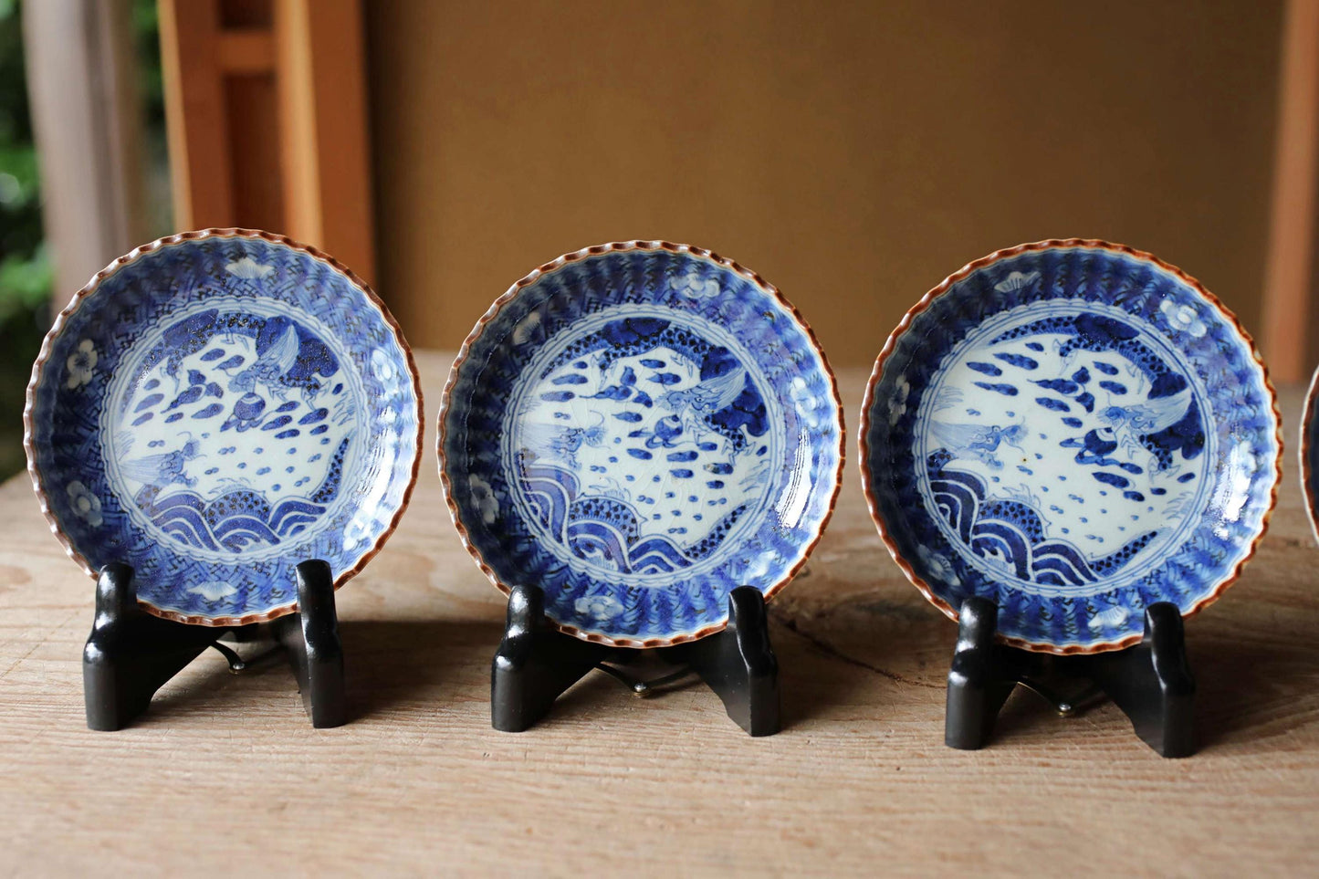 FINE! Set of 5 Japanese antique small Plates Dragons, Clouds, waves, porcelain 1890s Indigo Blue White hand painting IMARI 4.5in/11.5cm