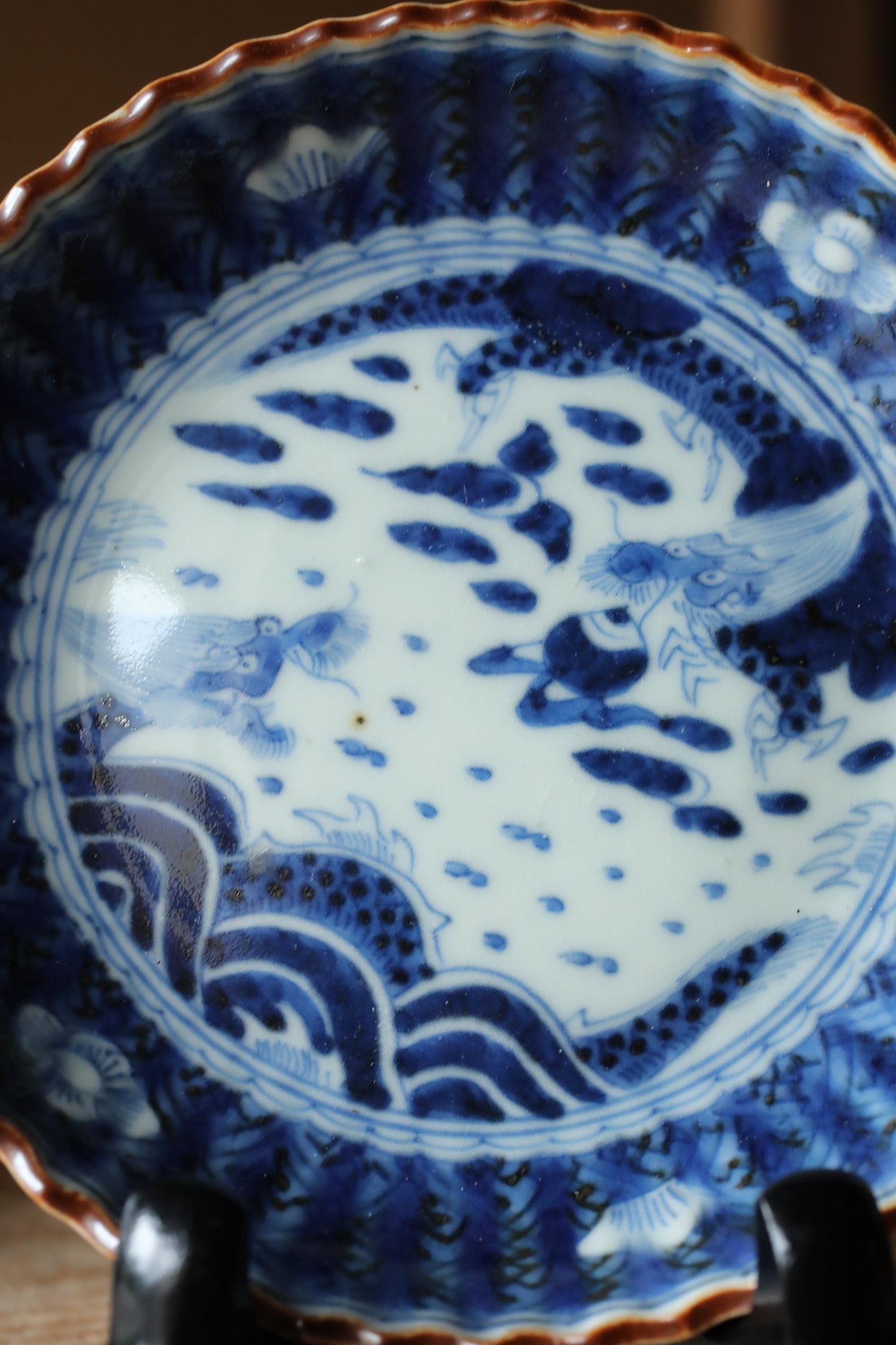 FINE! Set of 5 Japanese antique small Plates Dragons, Clouds, waves, porcelain 1890s Indigo Blue White hand painting IMARI 4.5in/11.5cm