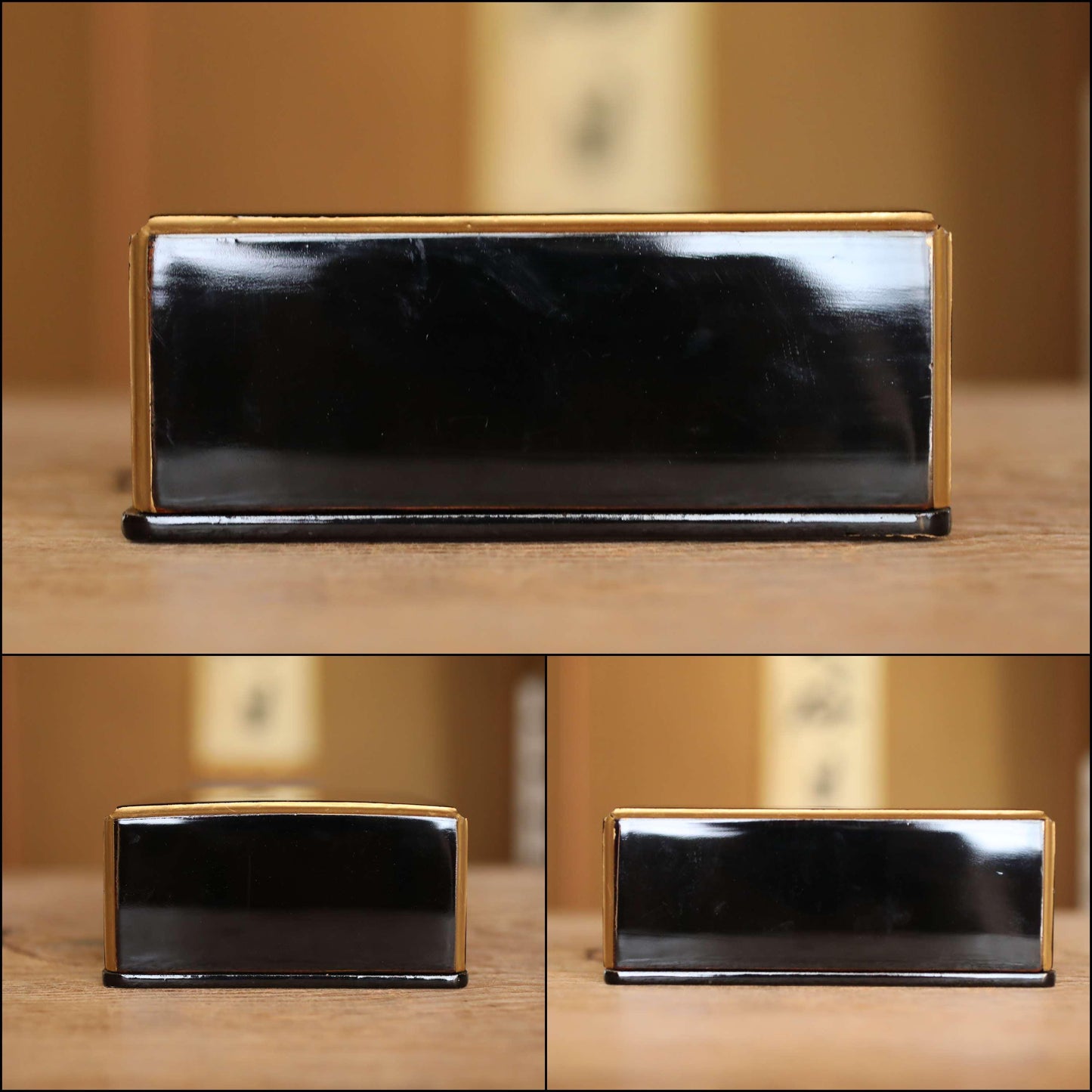 Japanese Makie Black Lacquer Gold wisteria SAMURAI crest wooden box URUSHI Maki-e, lacquer furniture buddhist alter 6.7×5.3in/17×13.5cm