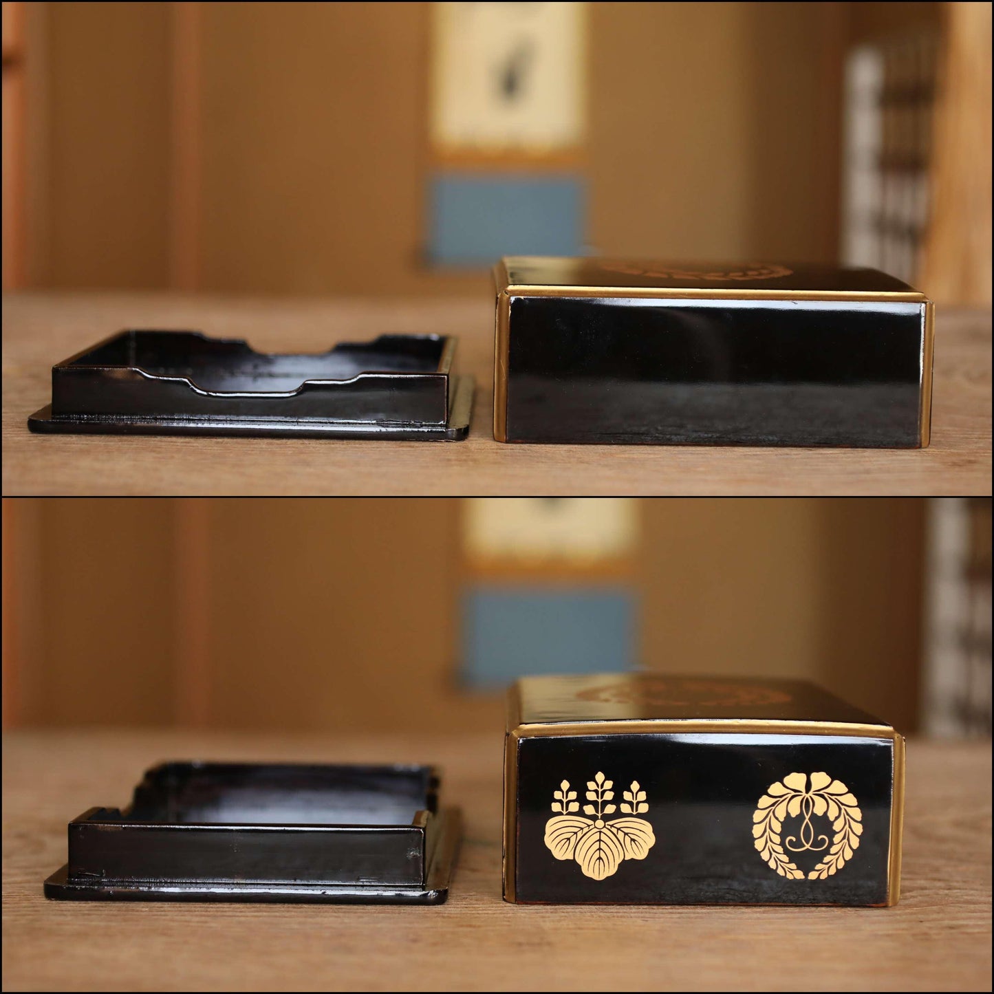 Japanese Makie Black Lacquer Gold wisteria SAMURAI crest wooden box URUSHI Maki-e, lacquer furniture buddhist alter 6.7×5.3in/17×13.5cm