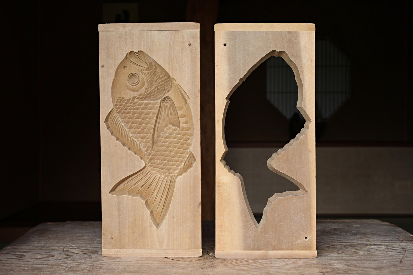LARGE! Sea bream wooden hand carved Sweets mold Japanese Vintage "Kashigata" , TAI fish ornament furniture H7.5×W17.6in/H19×44.7cm