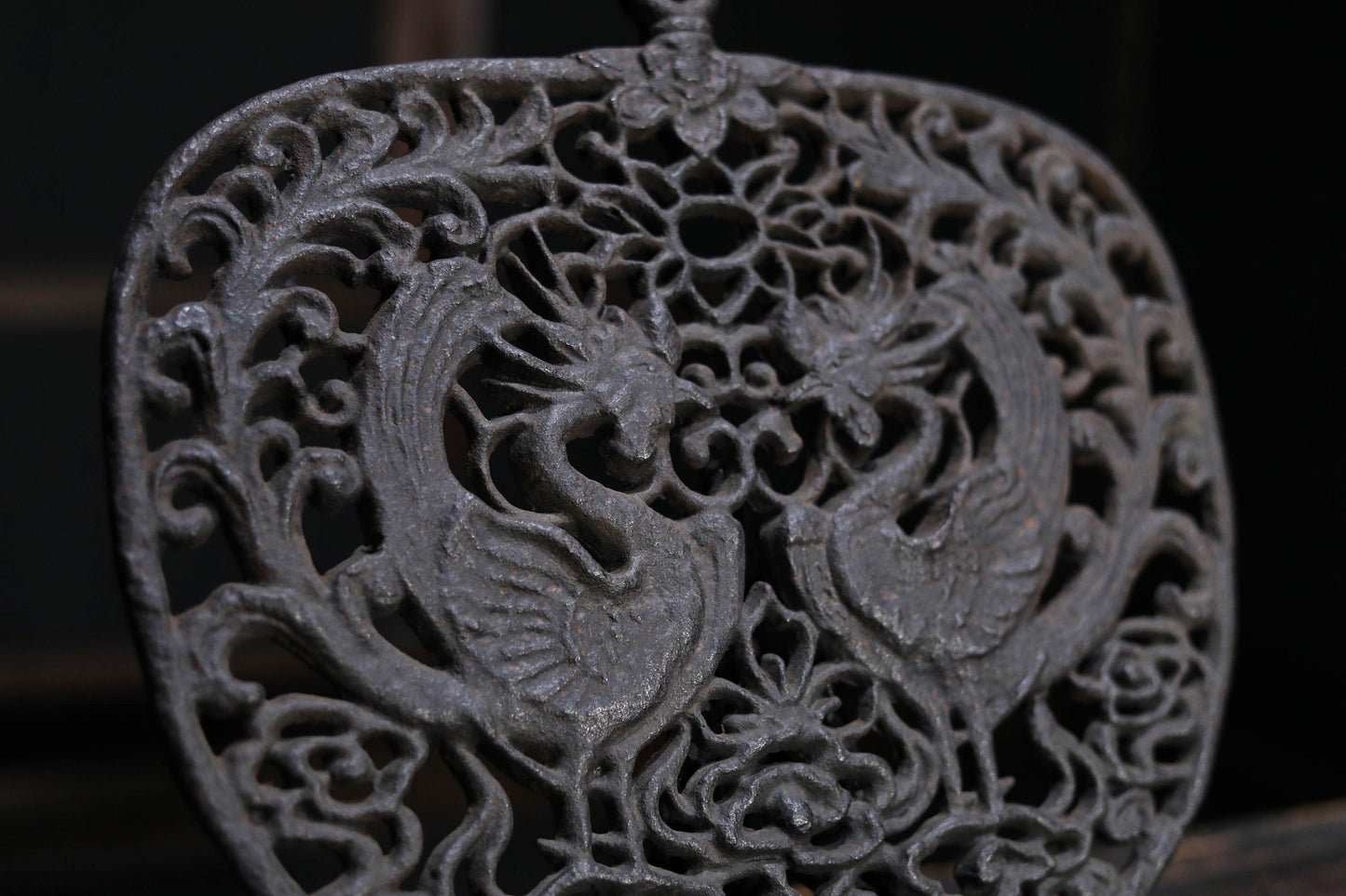 Japanese vintage buddhist metal art Phoenixes, Clouds and Flowers design wall decoration metal openwork with stand  H13.4in/H34cm